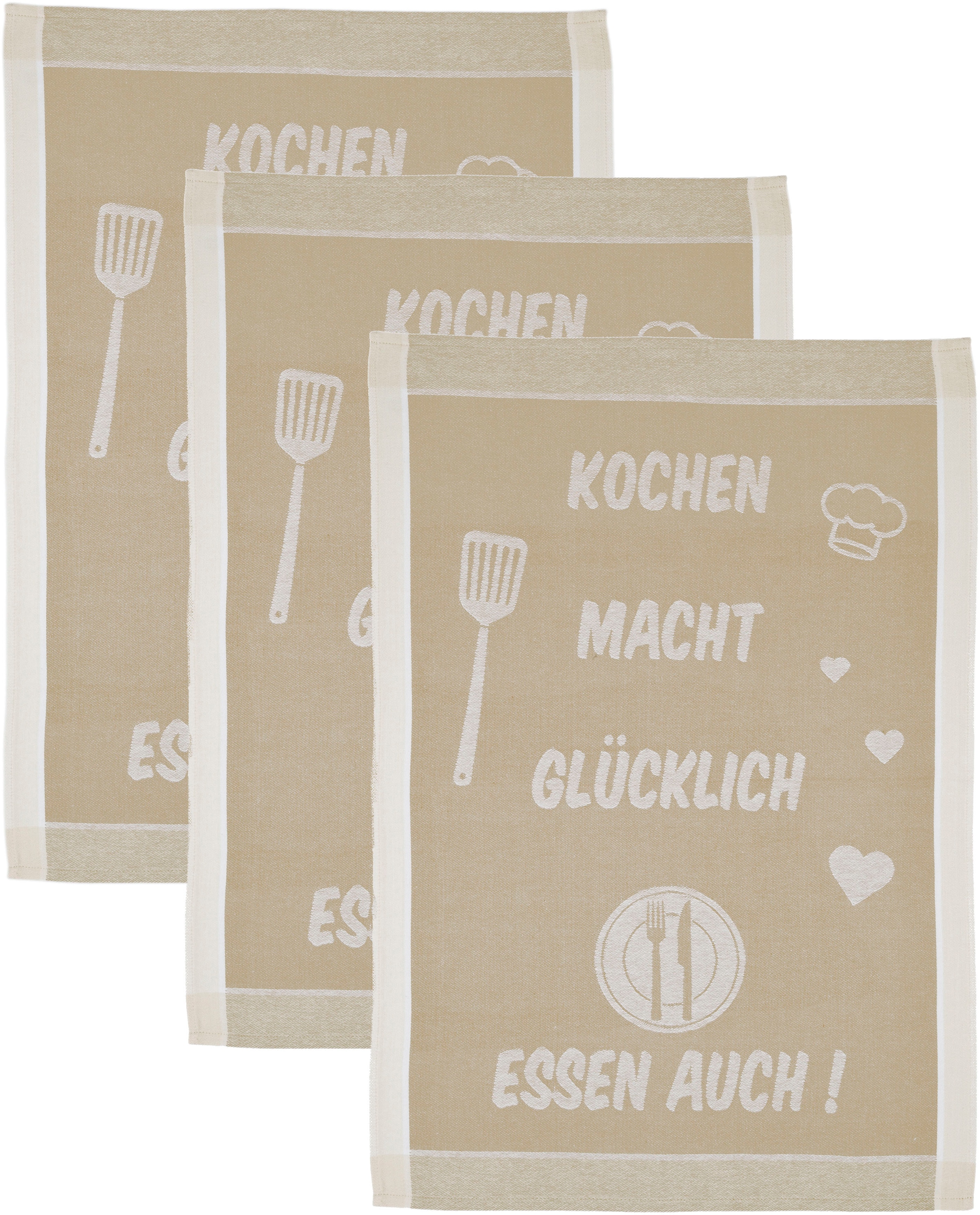 ROSS Geschirrtuch "Kochen macht glücklich... Essen auch", (Set, 3 tlg.), Sprüchetuch, aus 100% Baumwolle