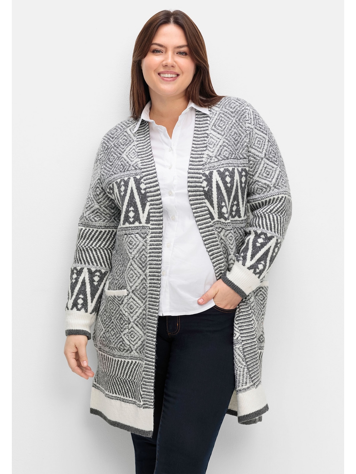 Longstrickjacke »Große Größen«, im Jacquard-Mustermix