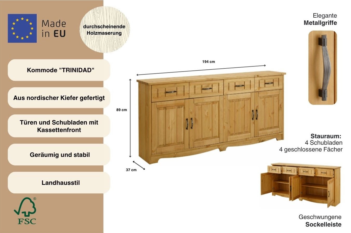 OTTO home Sideboard »Trinidad« Kommode, Breite 194 cm