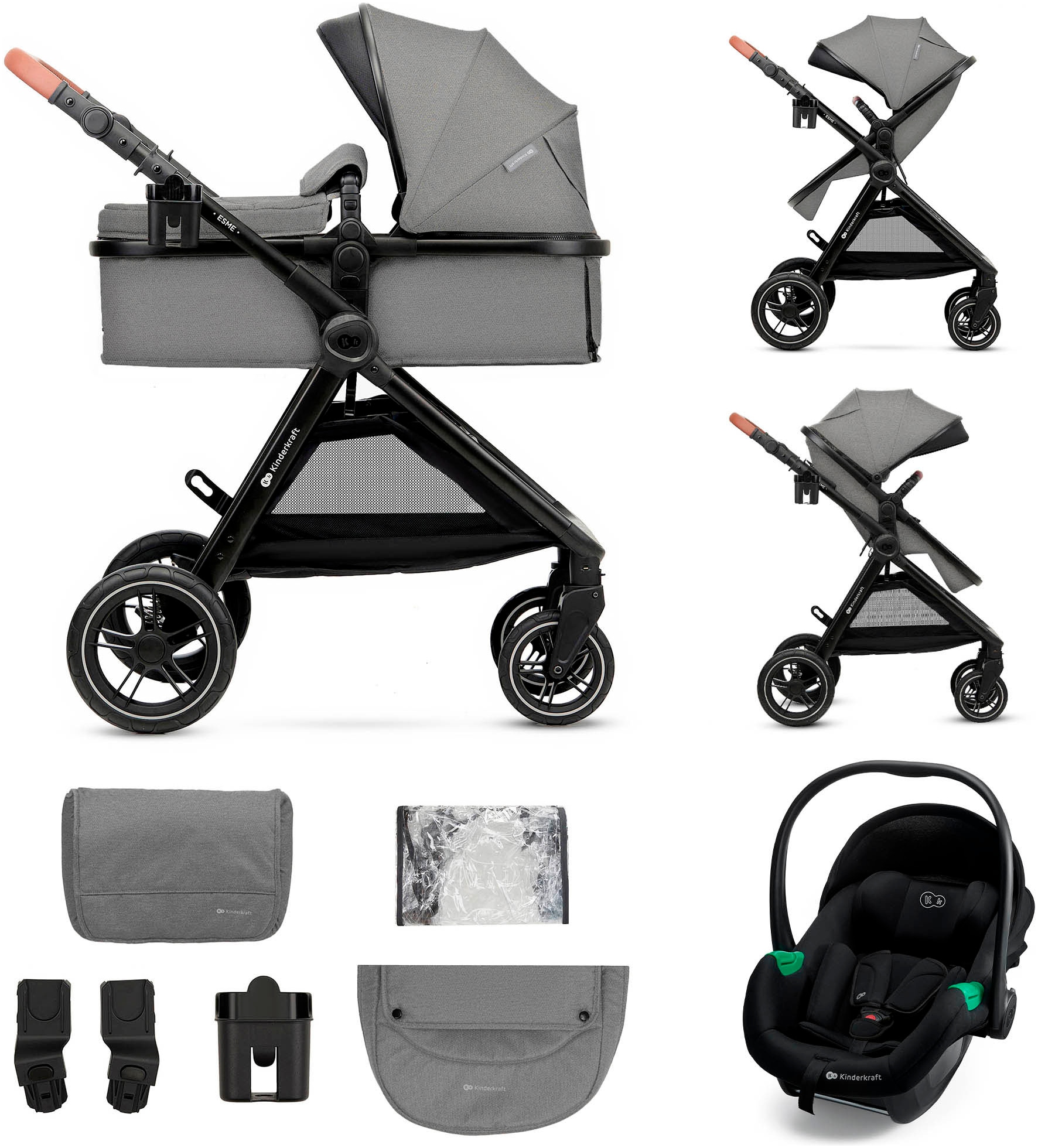 KINDERKRAFT Kinder Kombi-Kinderwagen "ESME 3IN1"grau, Polyester, Stahl, Kinderwagen, inkl. Babyschale MINK PRO 2 i-Size (40–87 cm)