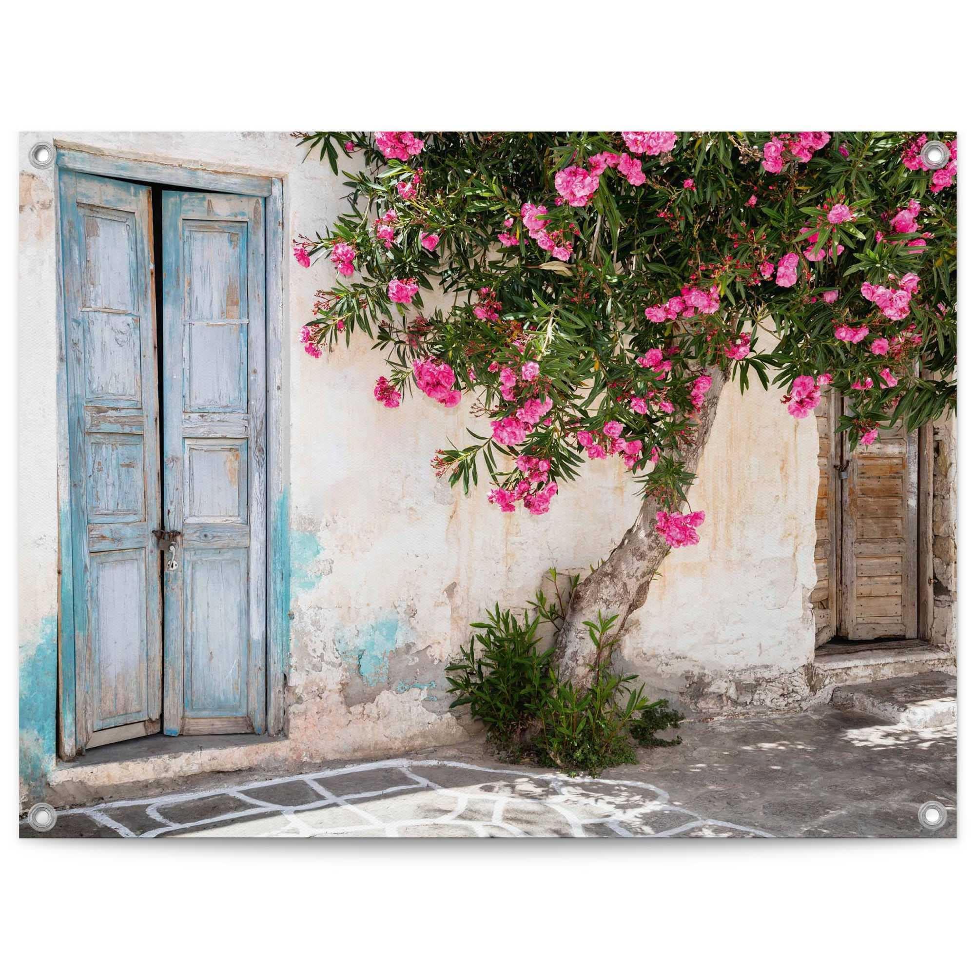 Reinders Poster "Greek Facade" Garten - Griechenland - Blumen - Tür - Rosa - Leinwand - 80x60 cm