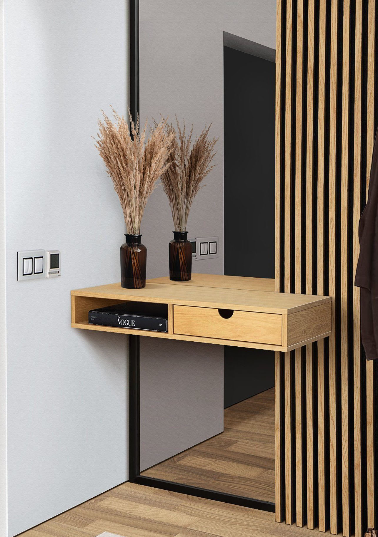 Woodman Stauraumschrank "Farsta, Mehrzeckschrank, Kommode" Made in Europe, Mit Holzfurnier aus Eiche, platzsparend, Wandmontage, FSC