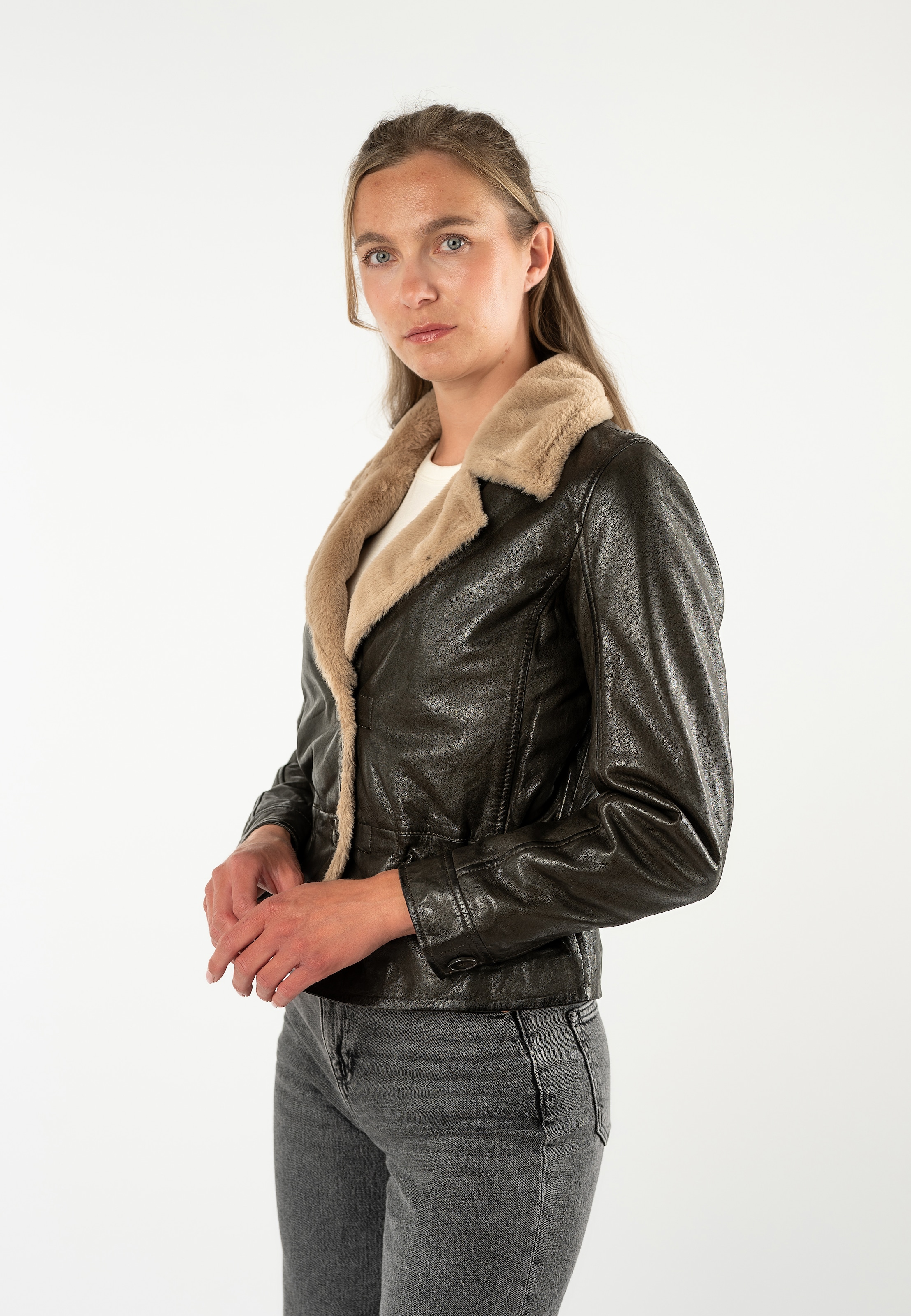 Mauritius Lederjacke »MWIcelyn« mit Reverskragen mit Fake-Fur-Besatz, tailliert