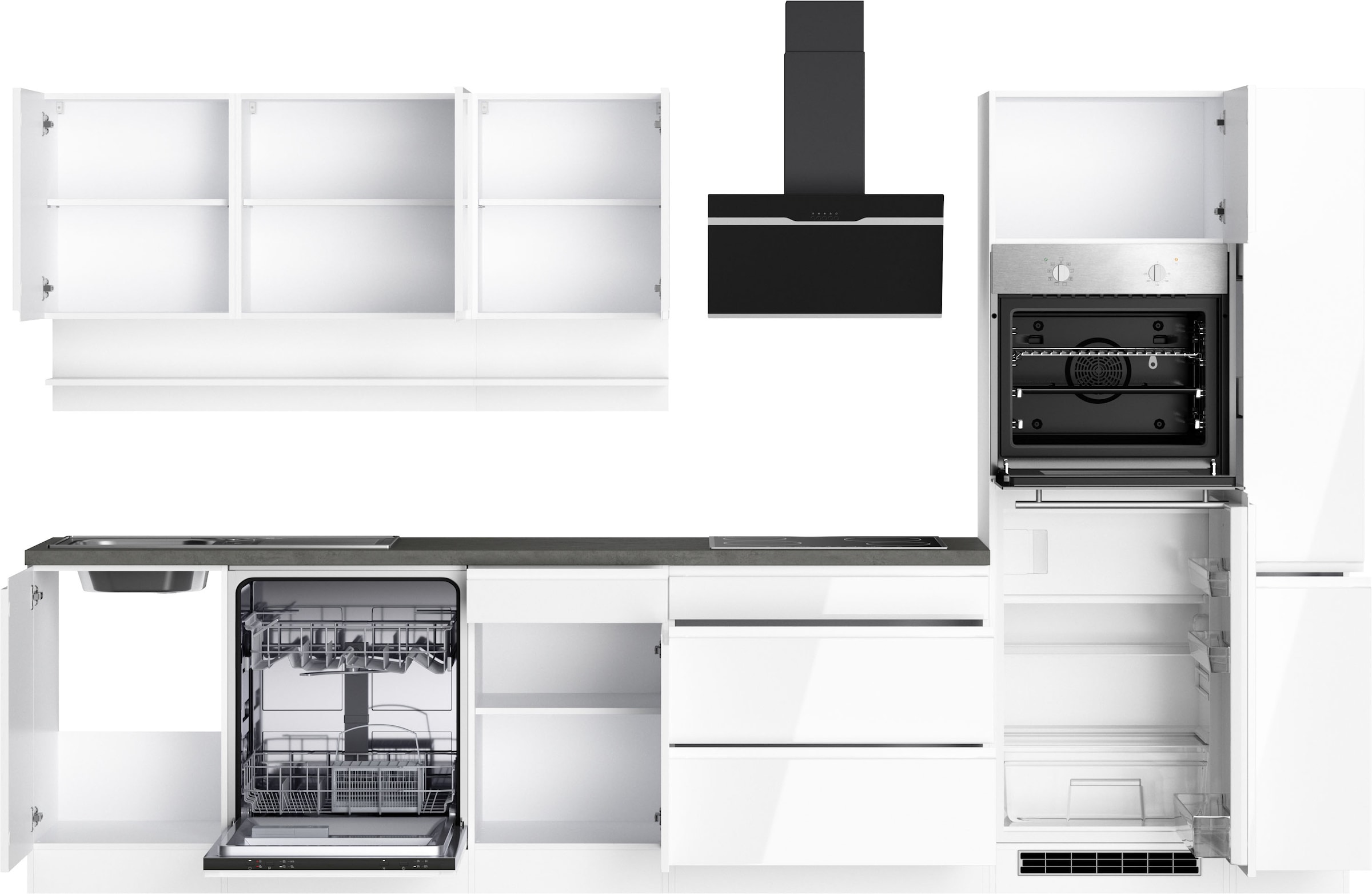 KOCHSTATION Küchenzeile »KS-Virginia,neu in verbesserter Ausführung« Arbeitsplatte 38 mm stark, Stauraum, Softclose,  Breite 330 cm, Soft-Close, ohne E-Geräte