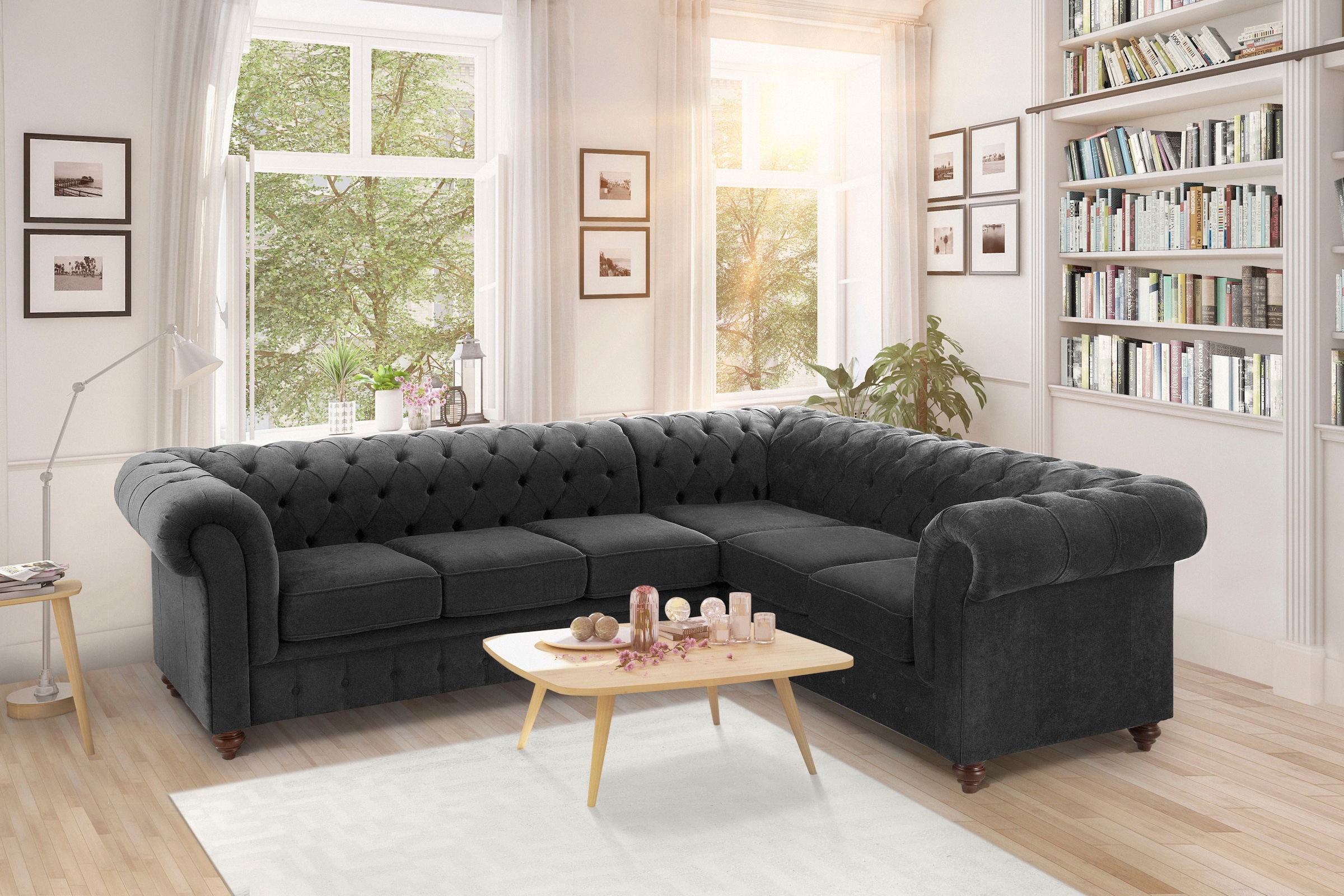 Home affaire Chesterfield-Sofa »Duc Ecksofa L-Form«, hochwertige Knopfheftung im Rücken, Samtoptik mit changierender Optik