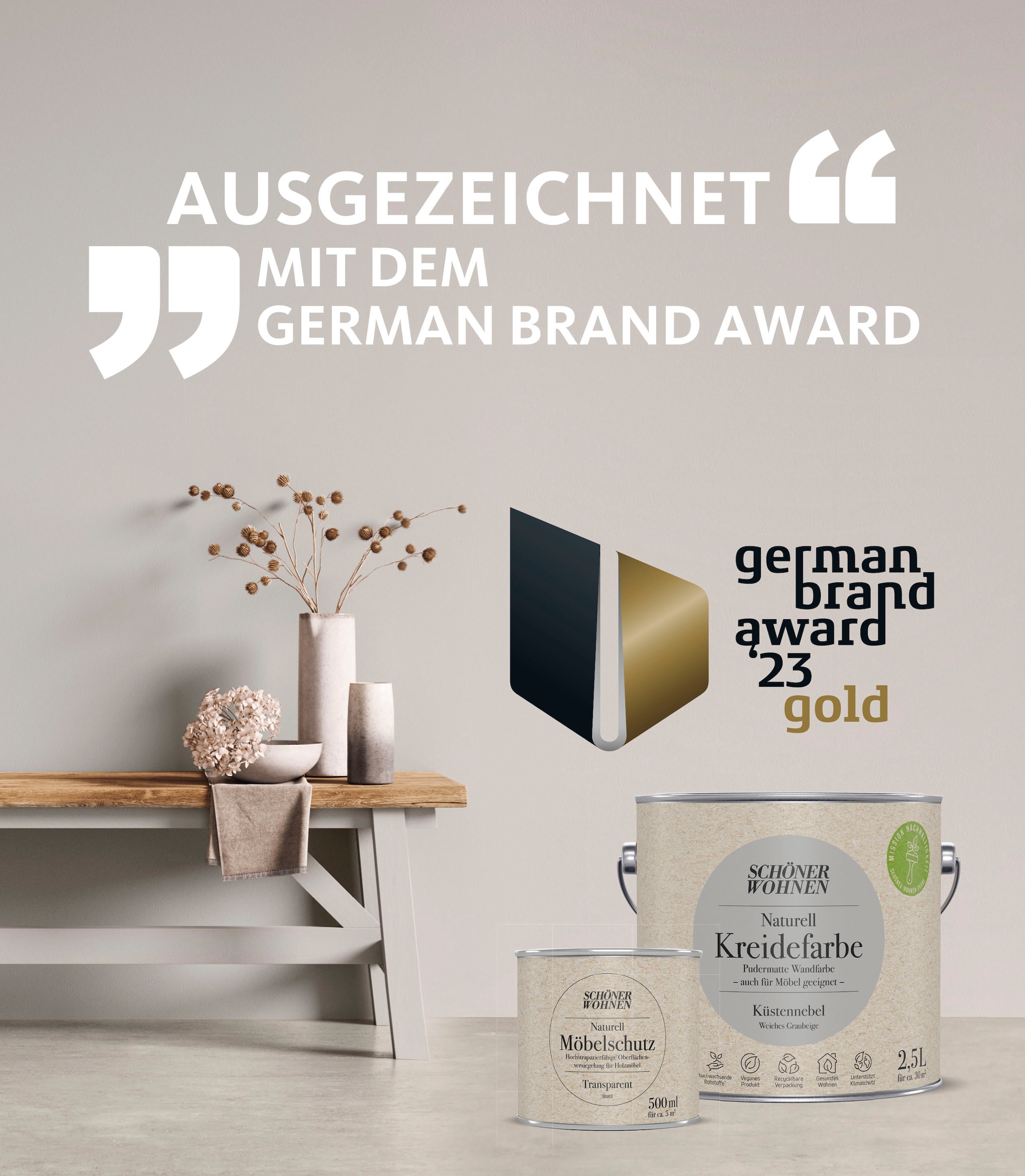 SCHÖNER WOHNEN FARBE Wand- und Deckenfarbe »Naturell Kreidefarbe«, 2,5 Liter, pudermatt, auch für Möbel geeignet, German Brand Award 2023