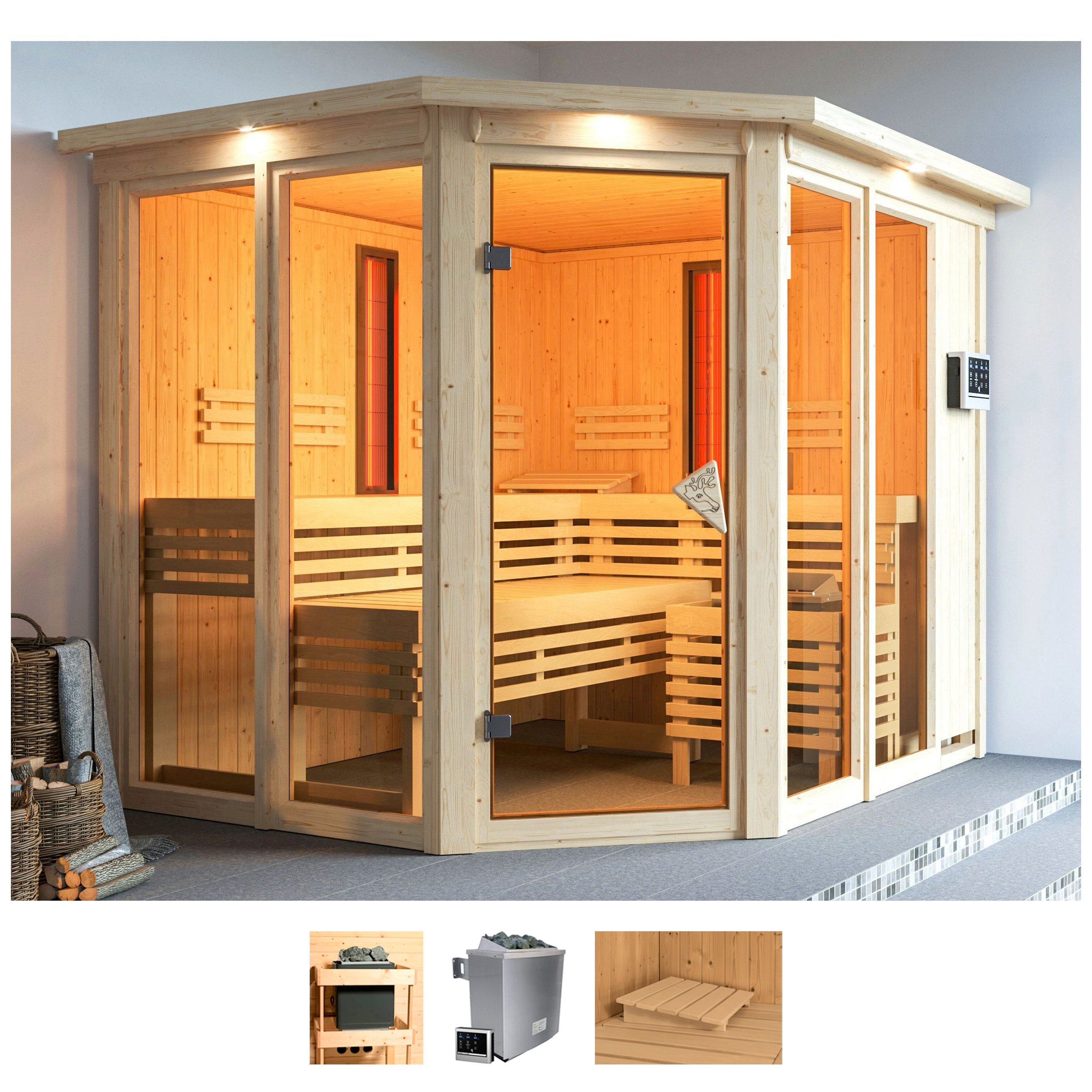 Karibu Sauna "Avril" Set, Ofen 9 kW Bio externe Strg easy