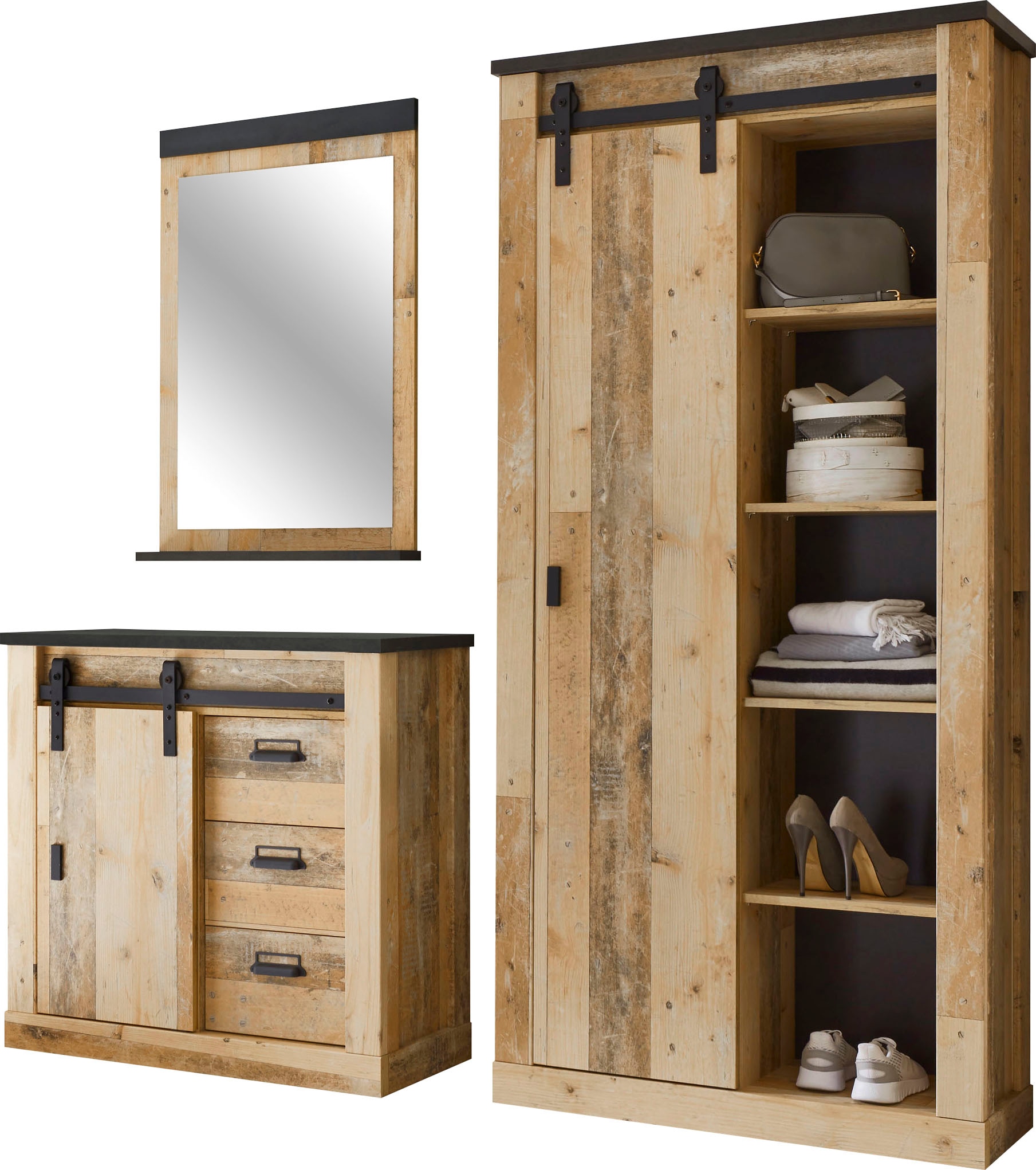 Home affaire Garderoben-Set "Sherwood, Garderobe im Industrial-Style, Komplettset mit viel Stauraum" 3 Stk. tlg.