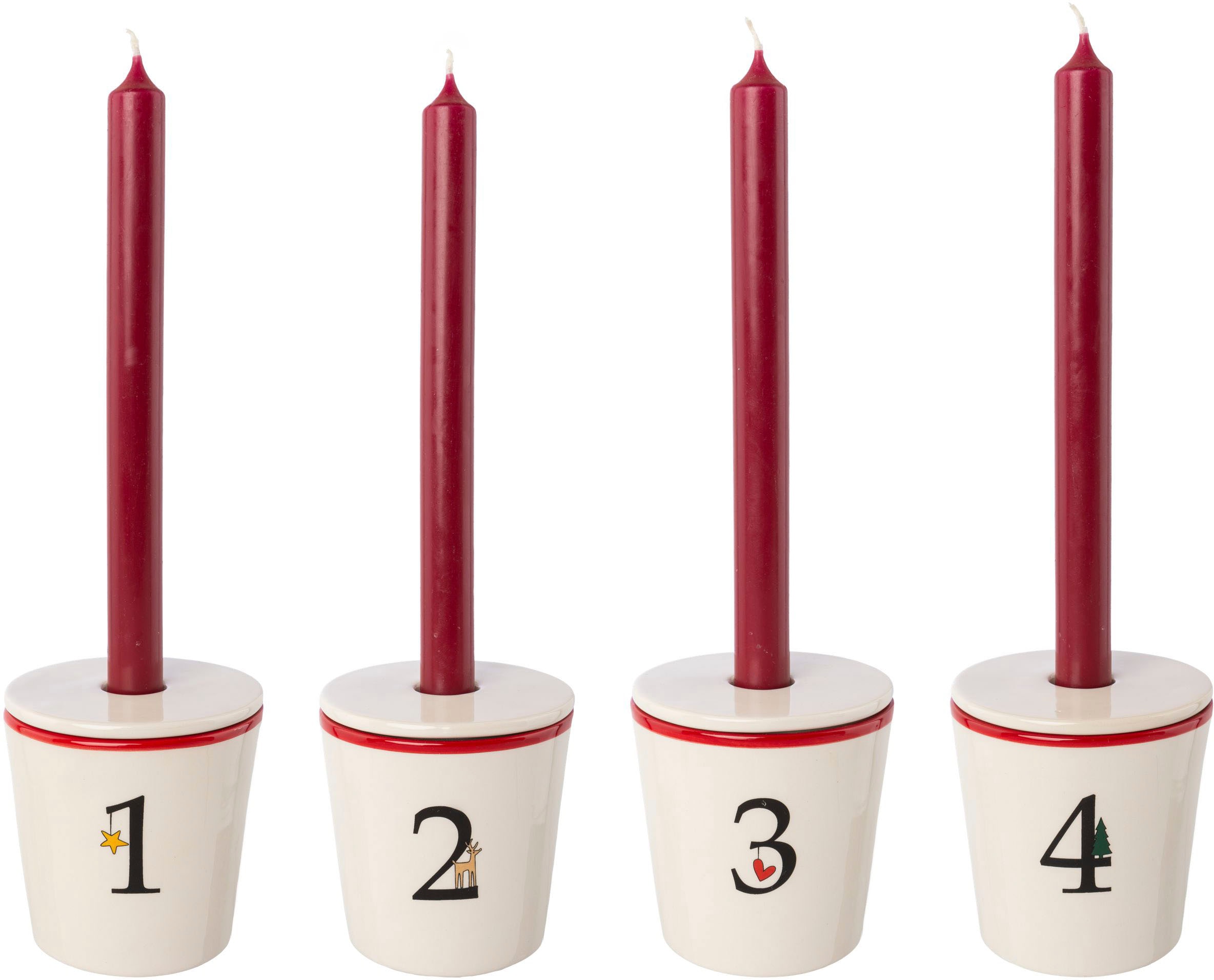 Creativ deco Kerzenhalter »Stabkerzenhalter für die Adventszeit,  Weihnachtsdeko«, (Set, 4 St.), Becher aus Keramik mit Cover 1 bis 4, Höhe  ca. 10 cm, Adventsleuchter | BAUR
