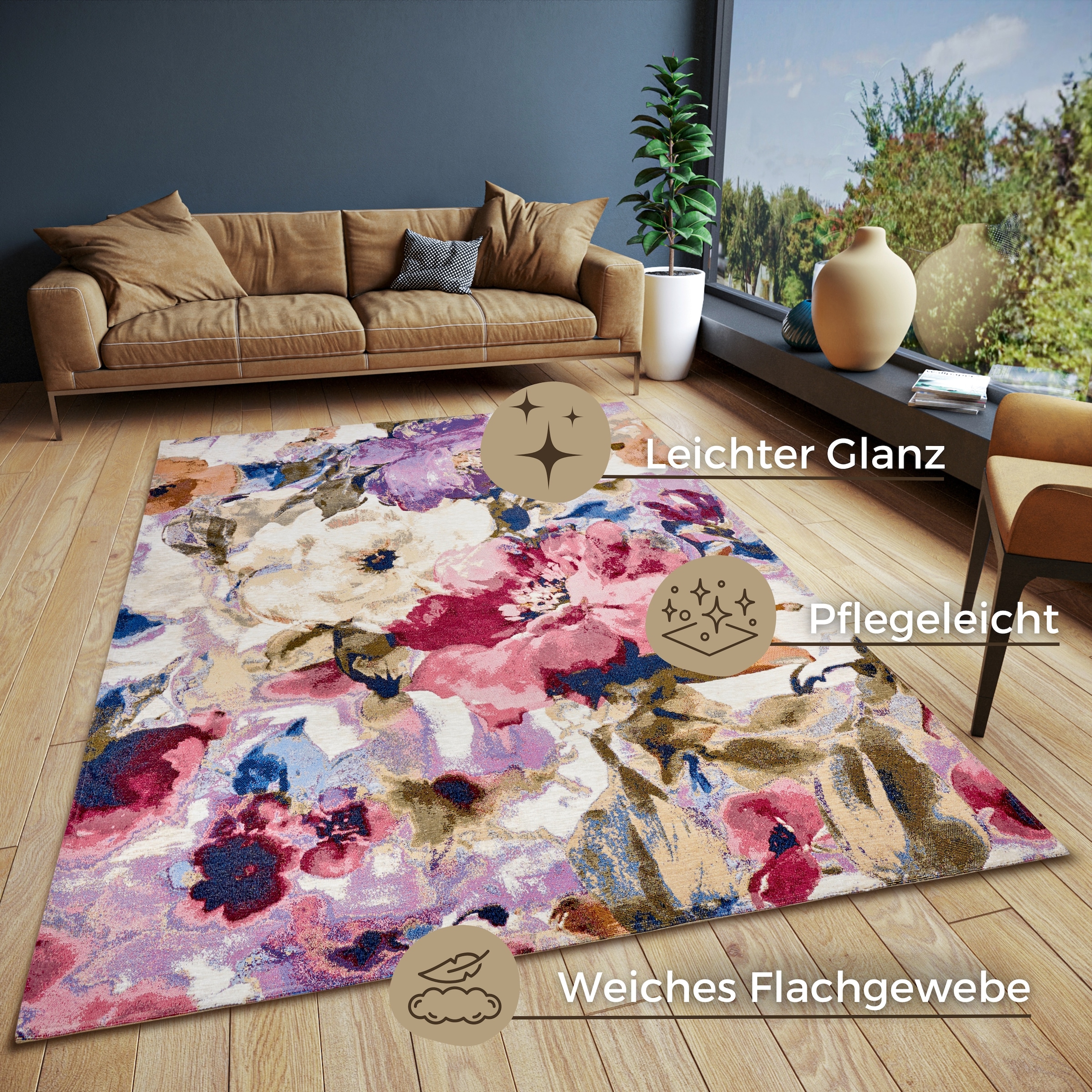 HANSE Home Teppich »Atika«, rechteckig, 5 mm Höhe, Floral, Kurzflor, pflegeleicht, Anti-Slip, Glanz, Wohnzimmer