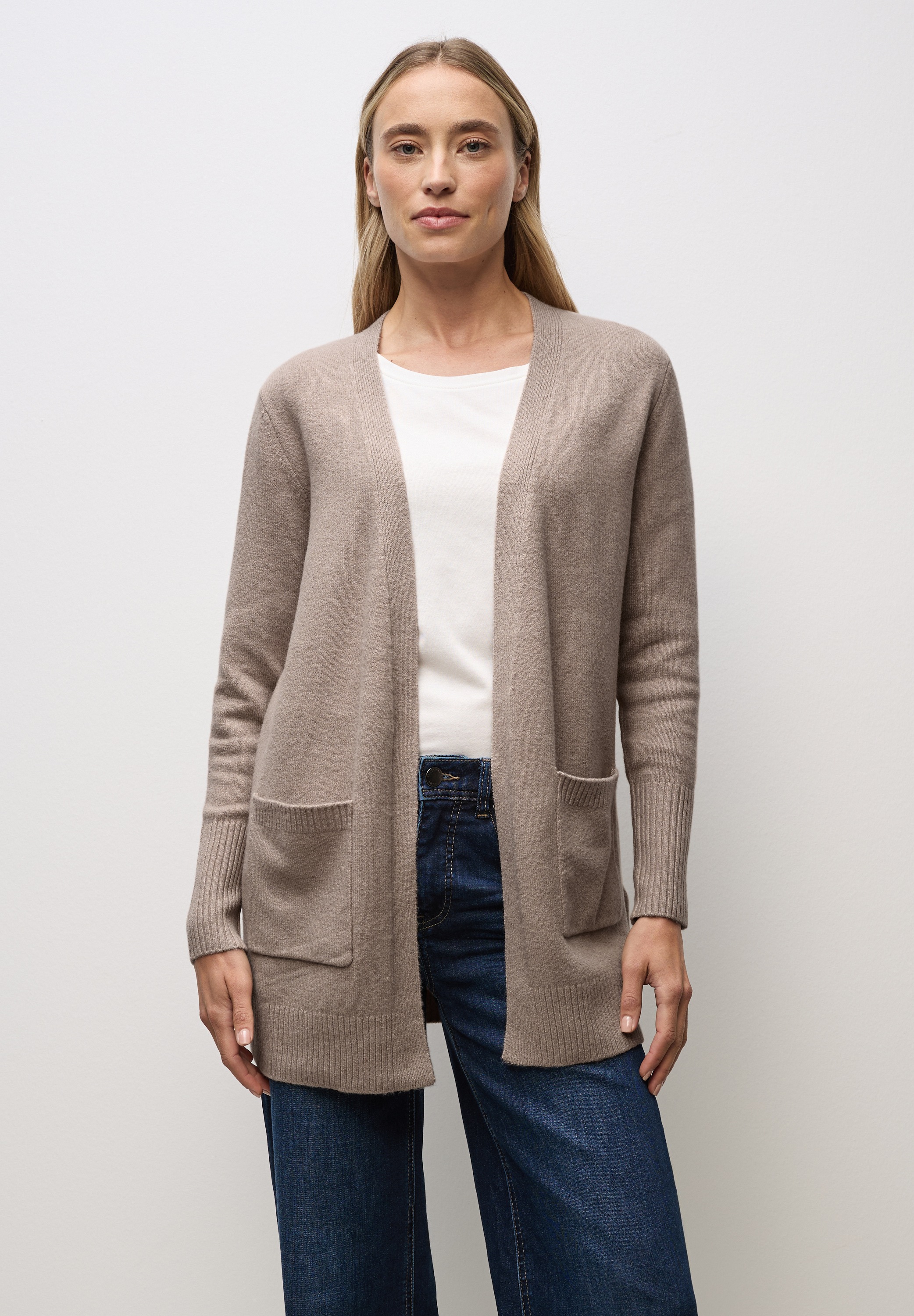 Cardigan STREET ONE, Damen, Gr. 46, sandstone mocha meliert, Web, 37% Baumwolle, 34% Polyacryl, 26% Polyester, 3% Elasthan, unifarben, normal hüftbedeckend, ohne Ausschnitt, Bündchen, Strickjacken, soft und weich