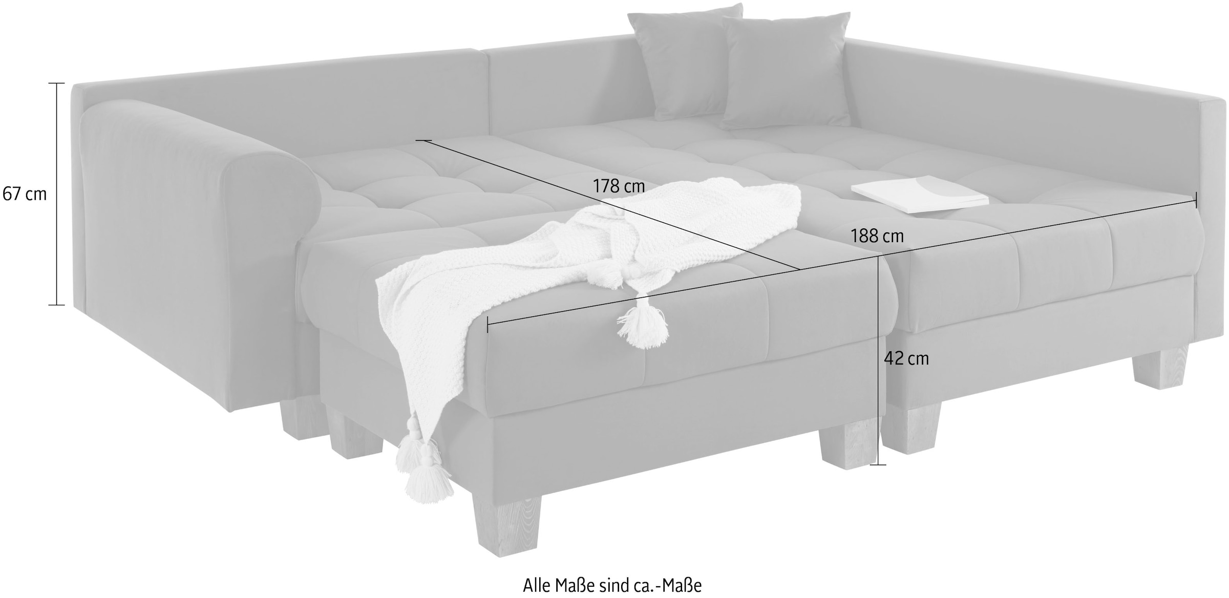 Home affaire Ecksofa »Rice L-Form inkl. Hocker«, (Set, mit Hocker), mit Bonnellfederkern, Hocker & Kissen, Ottomane beidseitig montierbar