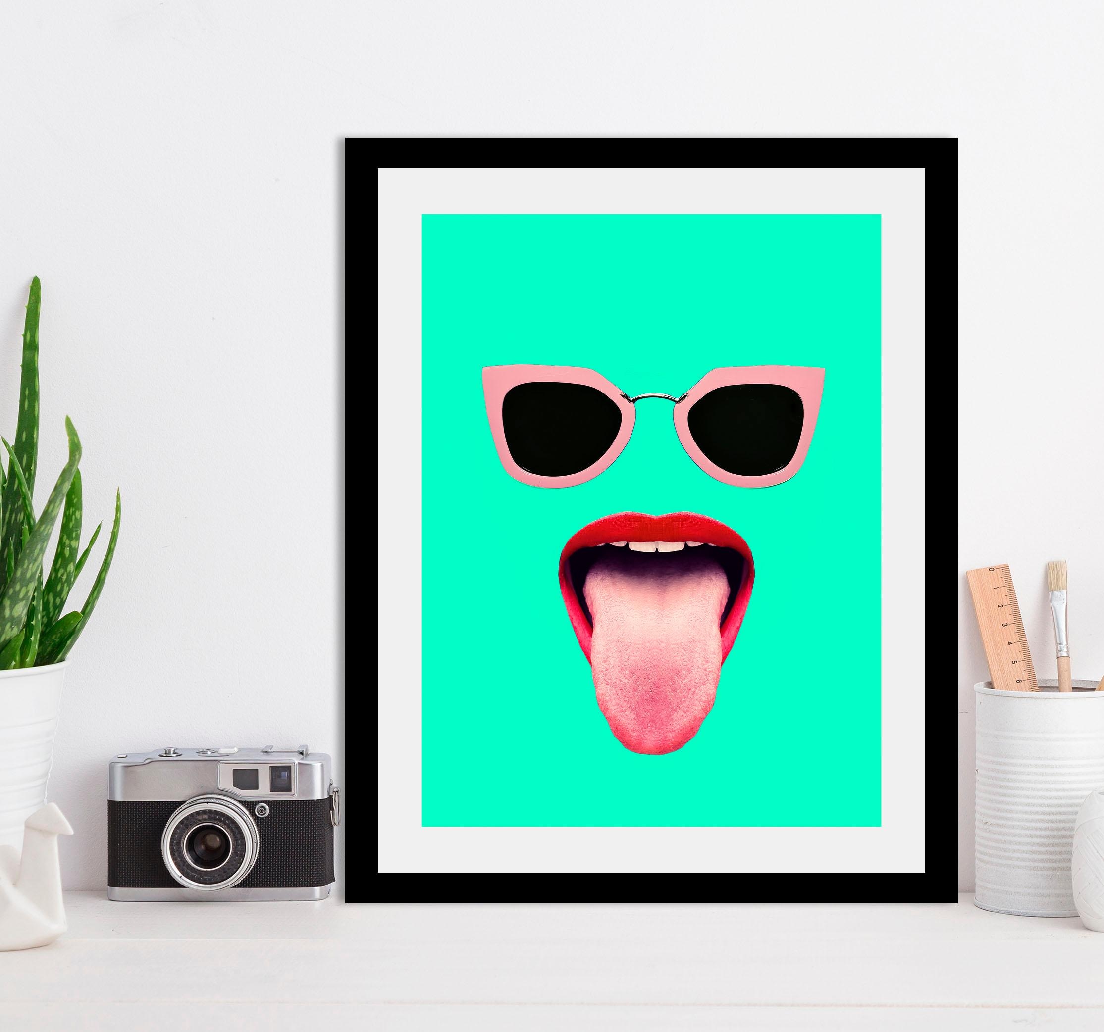 queence Bild »Brille + Mund«, Gesicht-Humor-Bilder von Frauen-Bilder von Männern, HD Premium Poster-Druck inkl. Holzrahmen