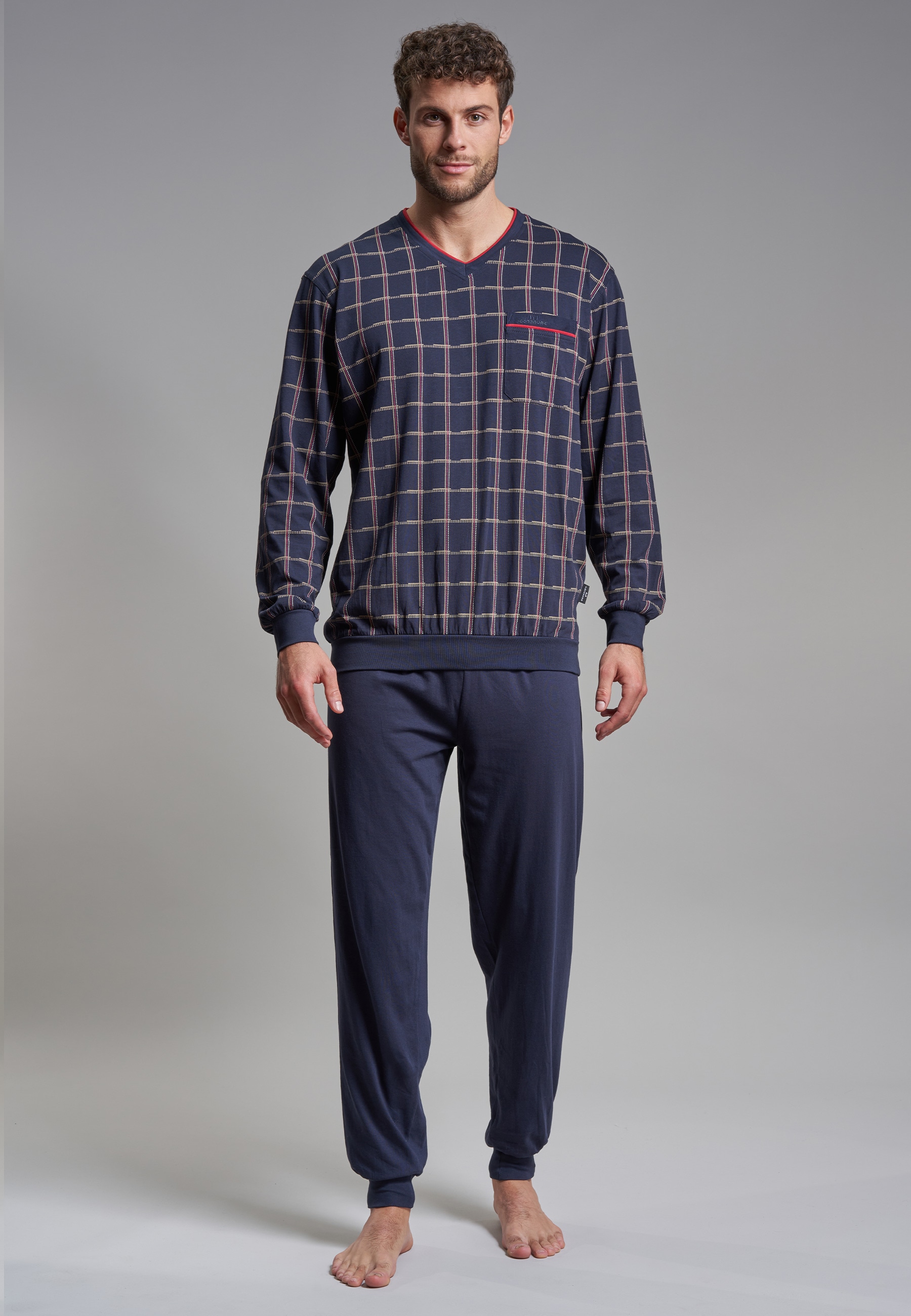 GÖTZBURG Pyjama "Bronx" 2 tlg. Langarm, V-Ausschnitt, lange Hose, Baumwolle günstig online kaufen