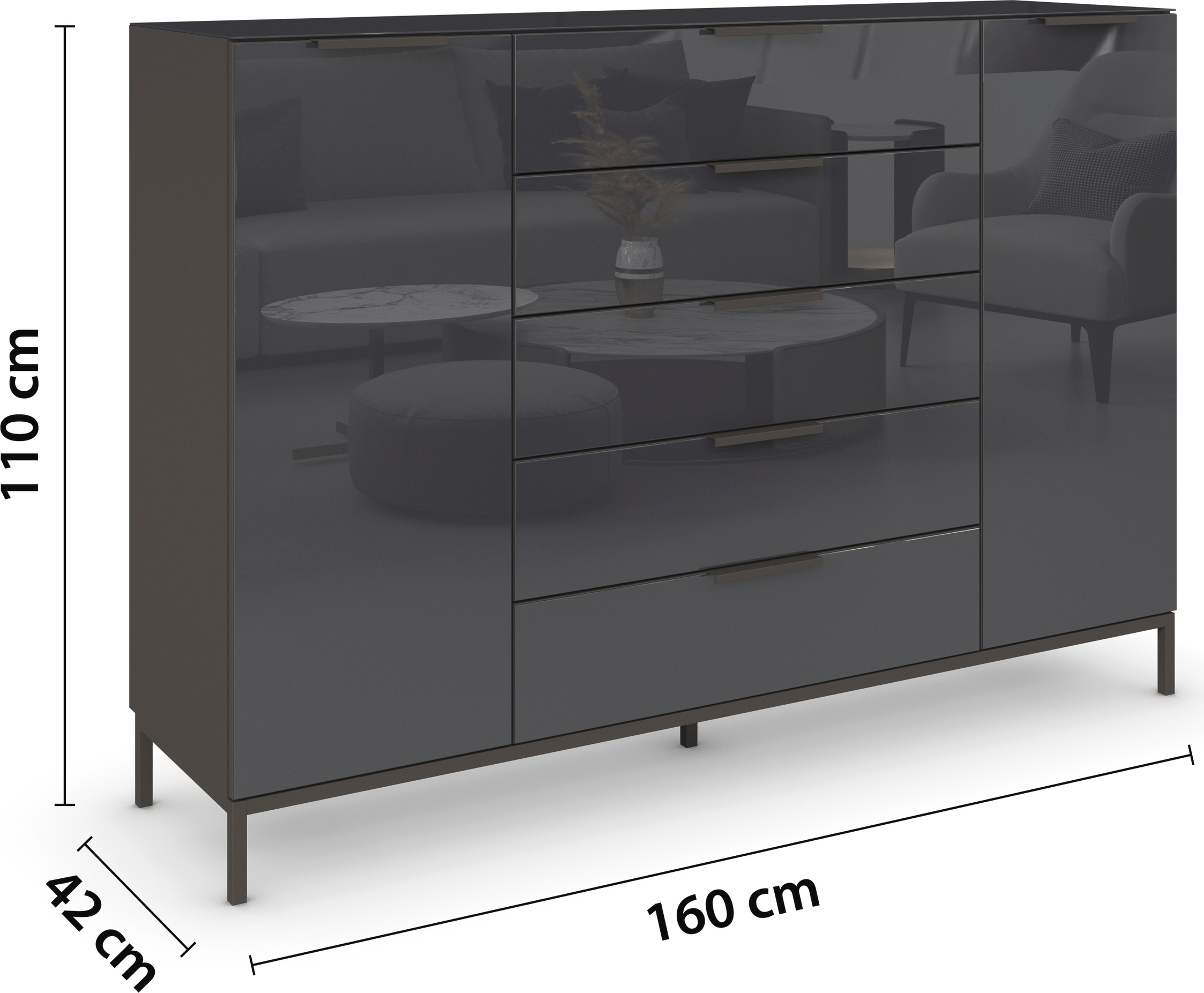 rauch Schubkastenkommode »Kommode Türkommode Sideboard Kombikommode FLIPP mit Glasfront«, (Breite 160/180 cm mit 4 Einlegeböden), 2-türig, 5 Schubladen, Soft-Close, Oberboden und Front Glas, 2 Breiten
