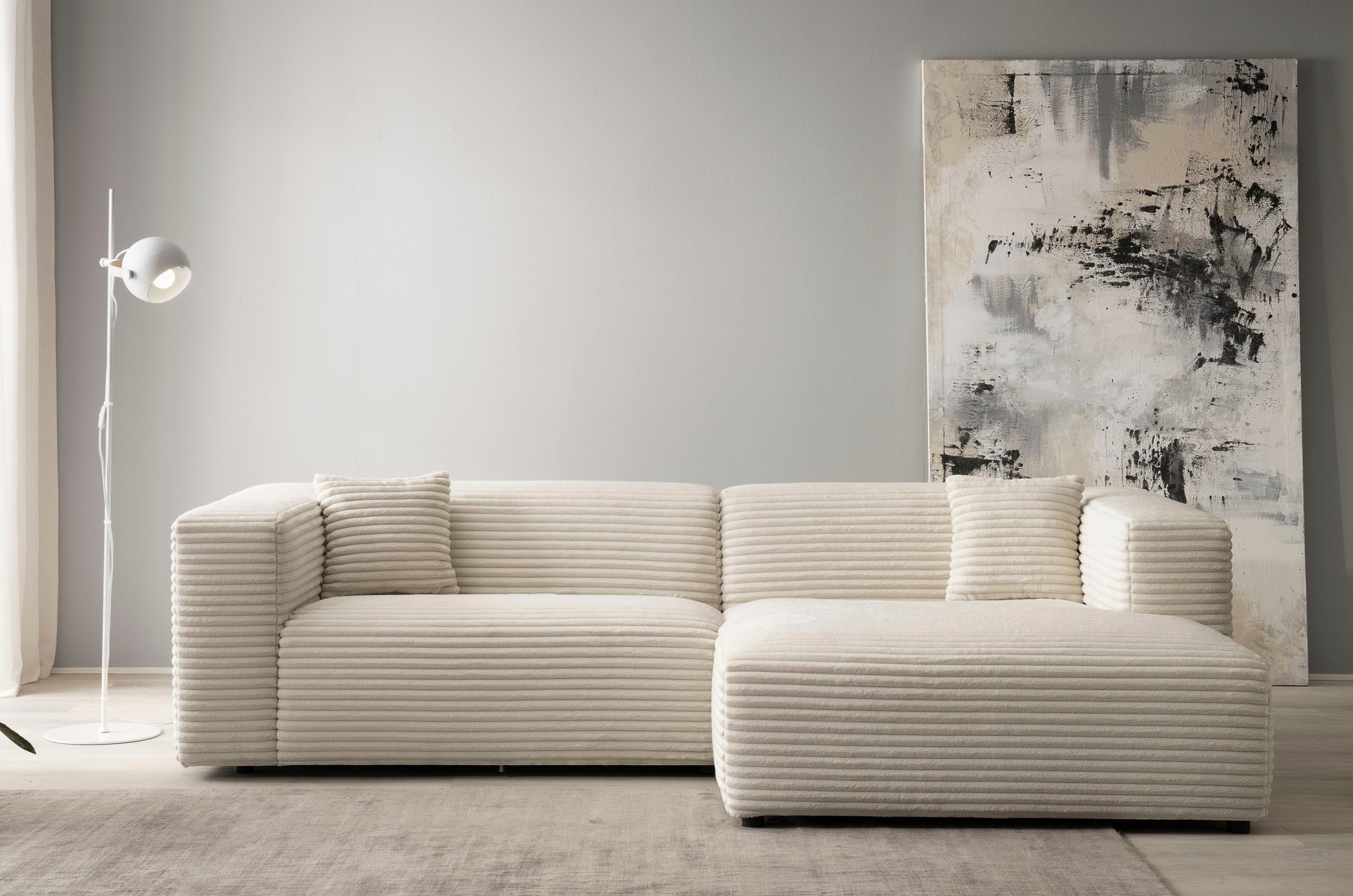 andas Ecksofa »BAKELS, L-Form in Cord oder Boucle-Stoff, moderne Couch«, wahlweise Recamiere rechts/links, bequemer Sitzkomfort