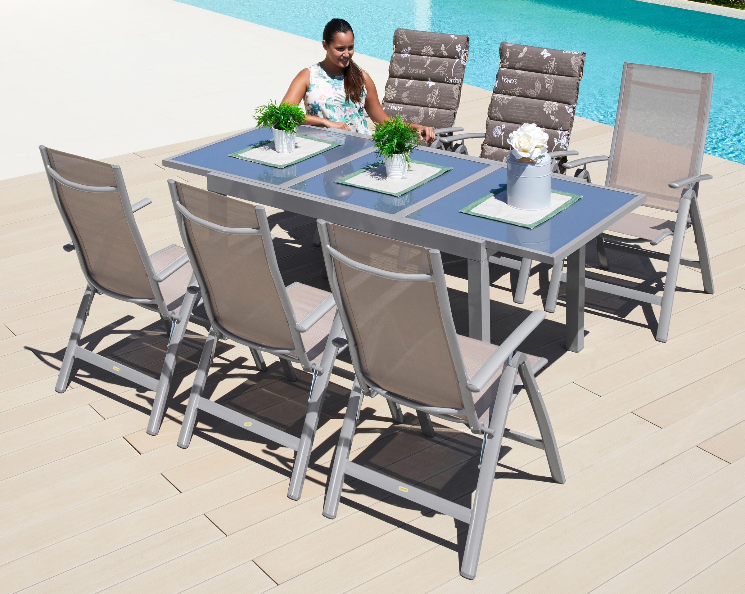 Garten-Essgruppe MERXX "Amalfi", grau (taupe), Obermaterial: 100% Polyester, Sitzmöbel-Sets, 6 Hochlehner, ausziehbarer Tisch 90x140-200 cm, Alu/Textil