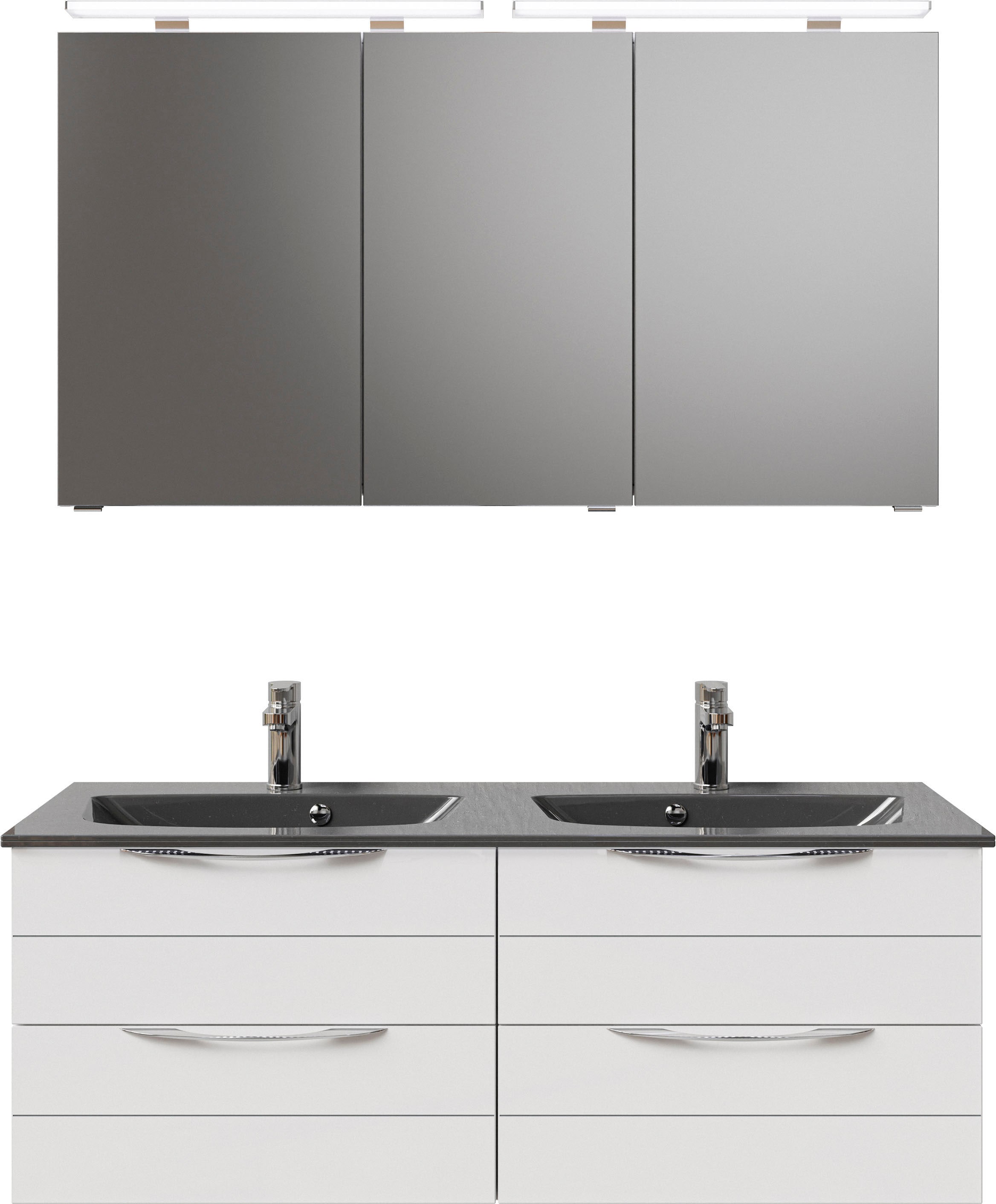 Saphir Badmöbel-Set »Serie 6025 2-teilig Mineralmarmor-Waschtisch mit LED-Spiegelschrank«, (2 St.), Waschplatz 132cm breit, 4 Schubladen, 2 Spiegel-Türen, inkl Türdämpfer