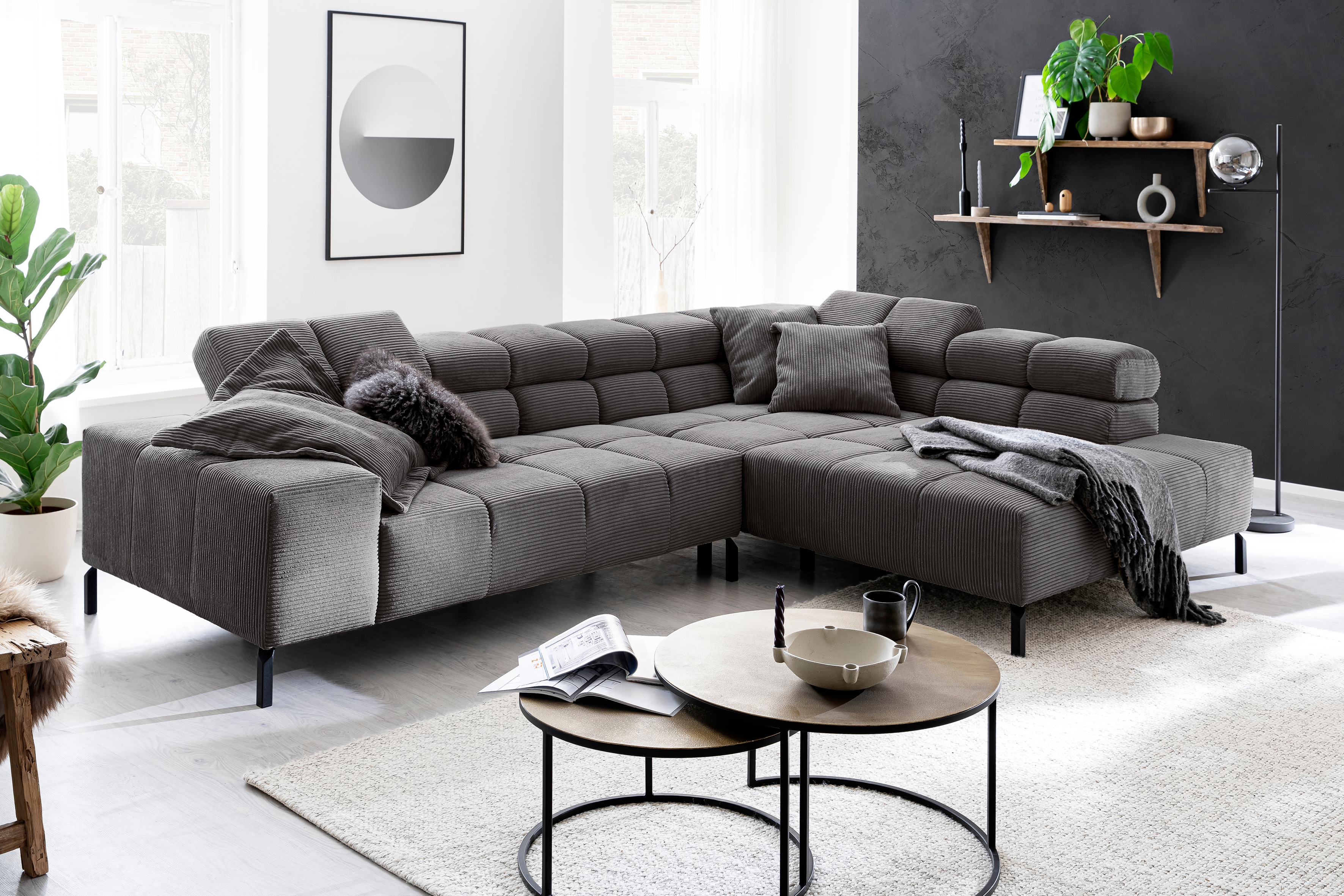 Home affaire Ecksofa "Ancona New, wahlweise motorische Sitztiefenverstellung, auch in Cord" feine Steppung, mit Kopfteilverstellung, 3 Zierkissen, L-Form