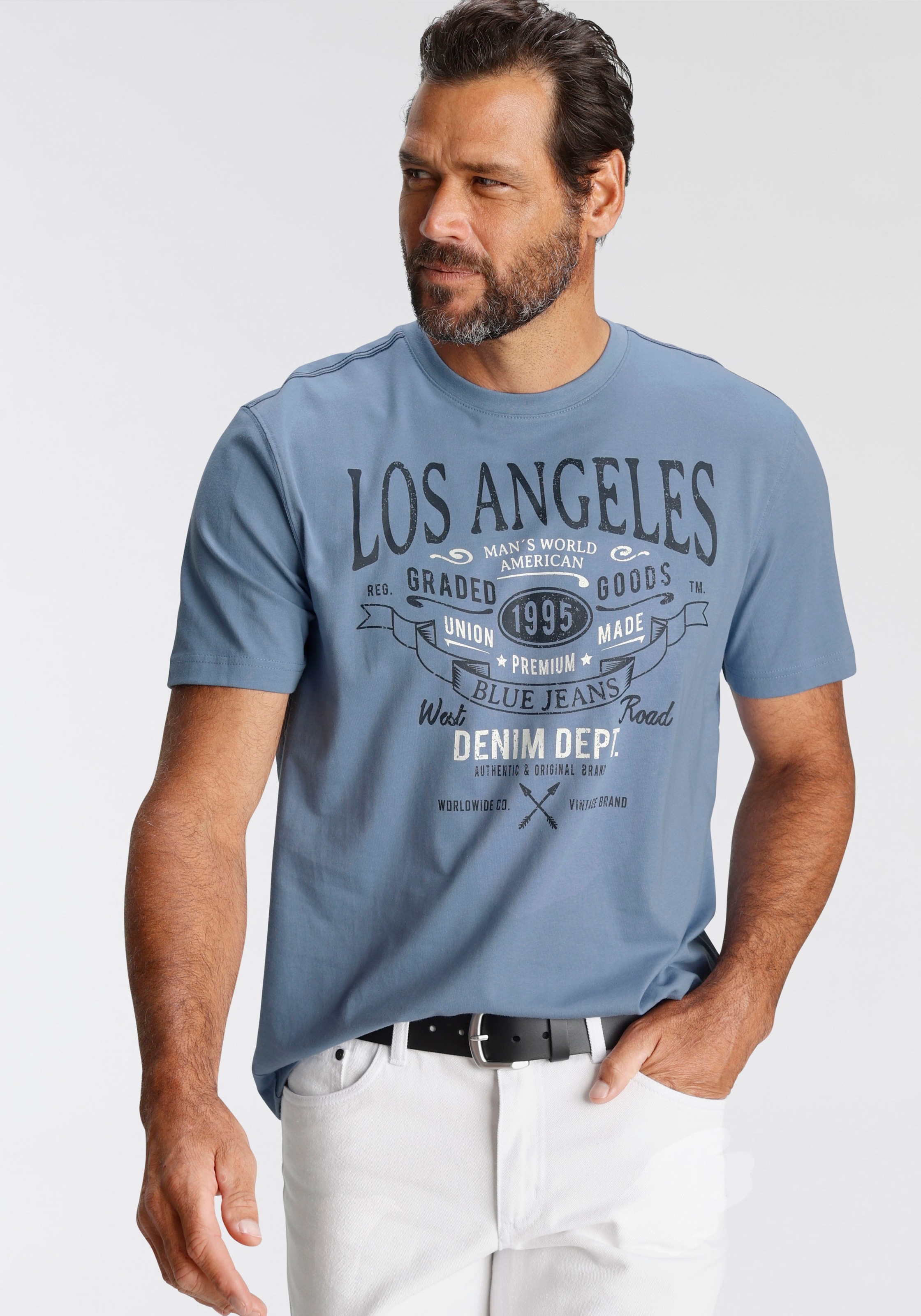 T-Shirt MAN'S WORLD, Herren, Gr. L (52/54), blau (blaugrau), Single Jersey, Obermaterial: 100% Baumwolle, bedruckt, normal, Rundhals, Shirts T-Shirt, Kurzarm, mit Print, Rundhalsausschnitt, aus Baumwolle, Topseller 3