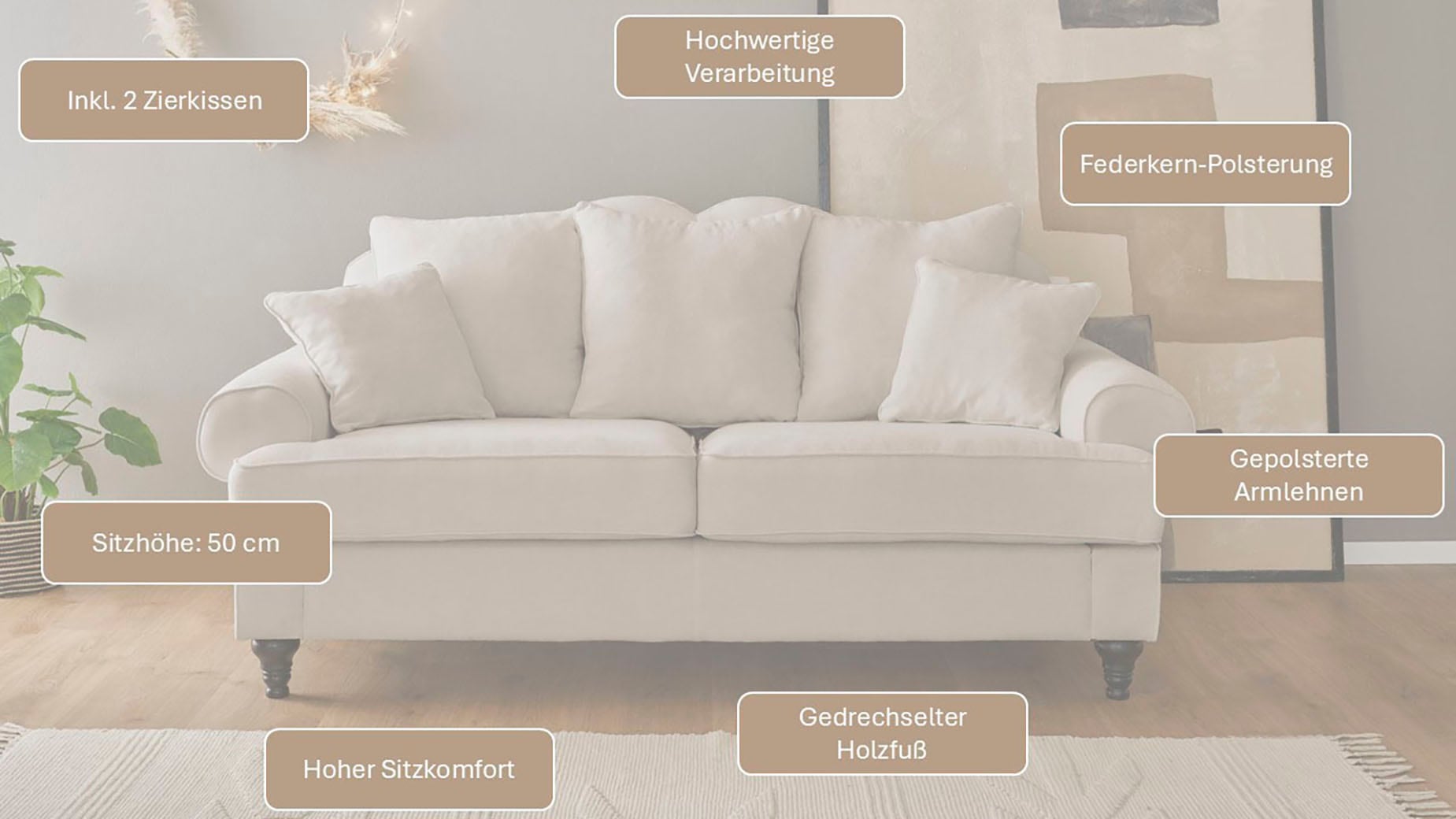 OTTO home 3-Sitzer »Westminster, Sofa im Landhausstil, Couch mit Zierkissen« Federkern-Polsterung, gedrechselter Fuß, hochwertiger Microfaserbezug