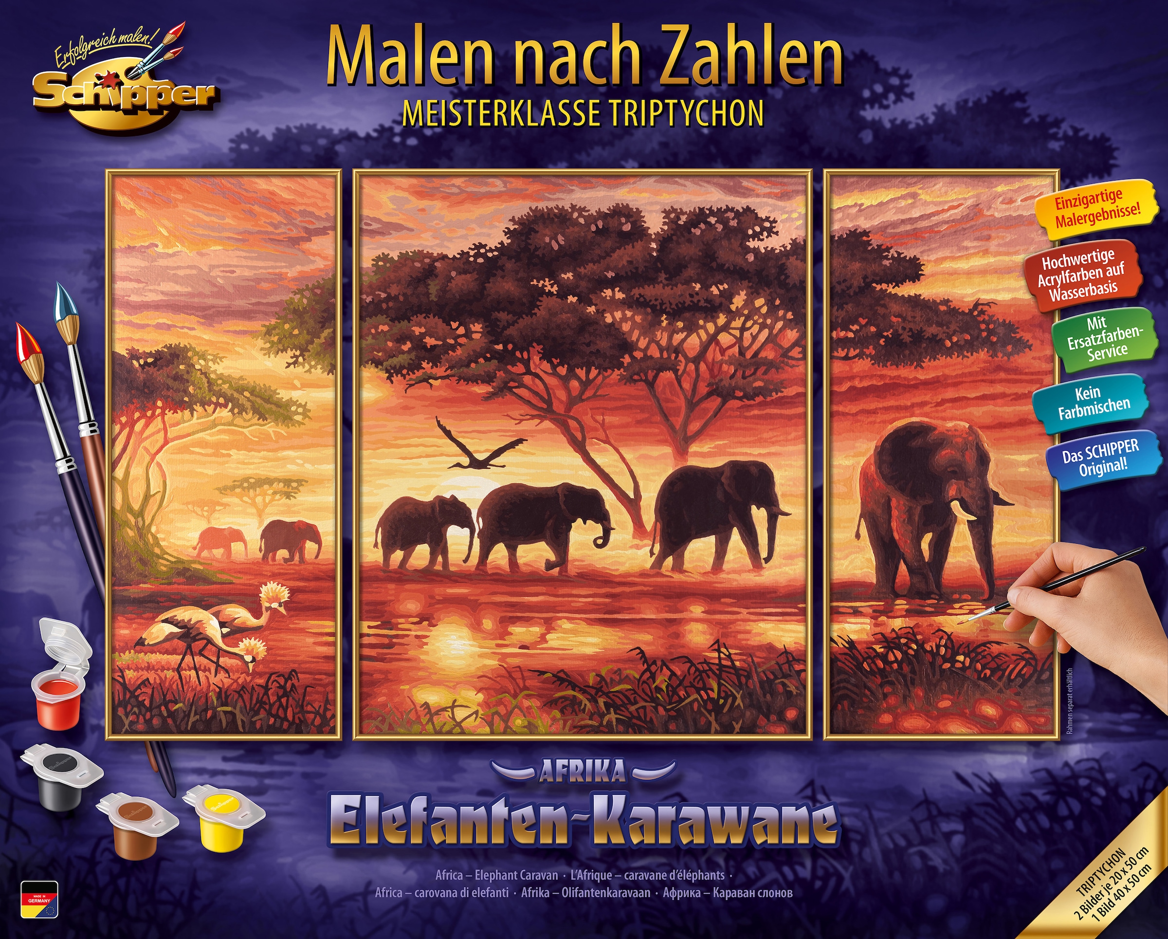 Malen nach Zahlen »Meisterklasse Triptychon - Elefanten Karawane«, Made in Germany