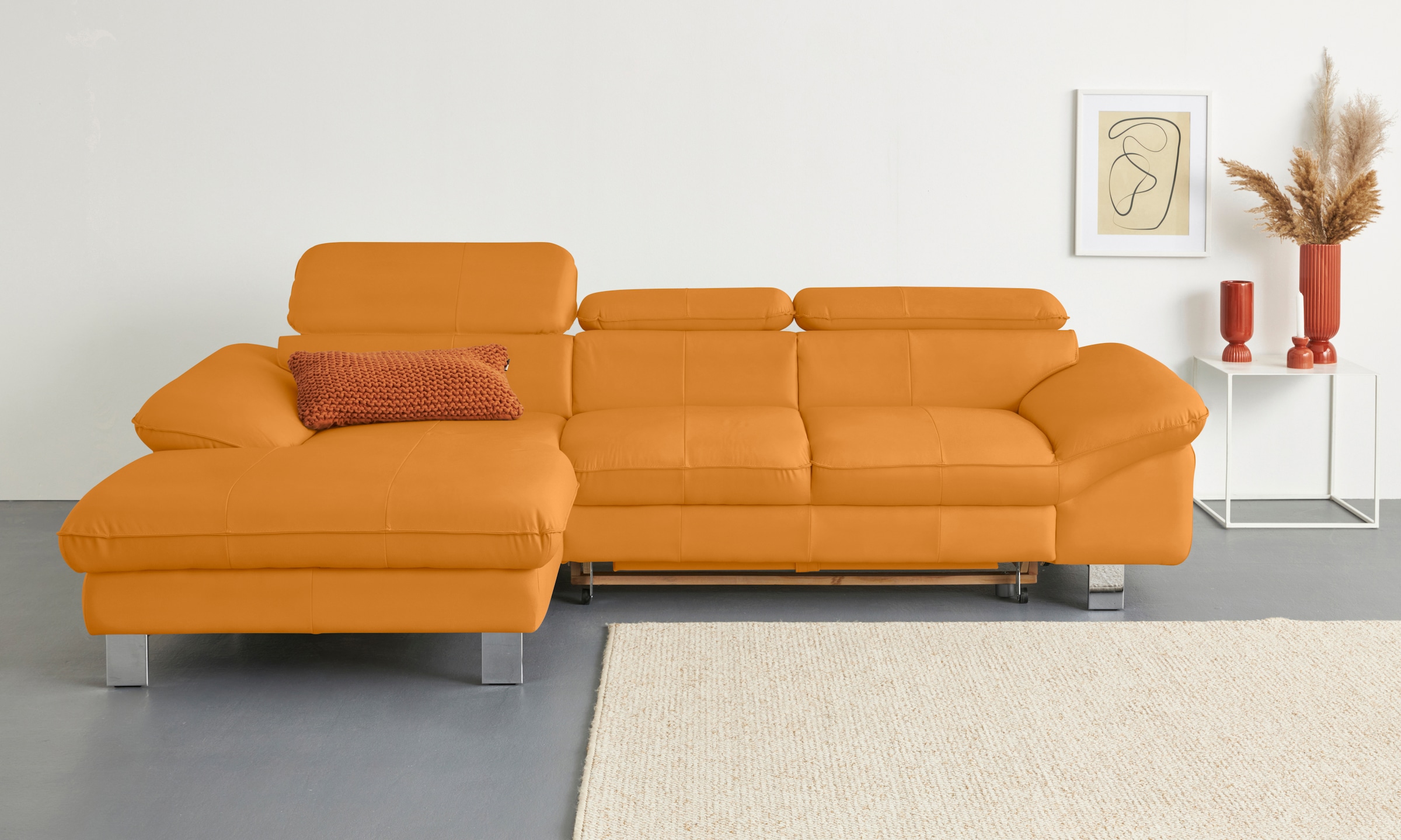 COTTA Ecksofa "Driver L-Form, B: 268 cm, moderne Couch mit Wellenunterfederung, Leder" Kopfteilverstellung, opt. Schlaffunktion + XL Bettkasten, LF:191x129cm