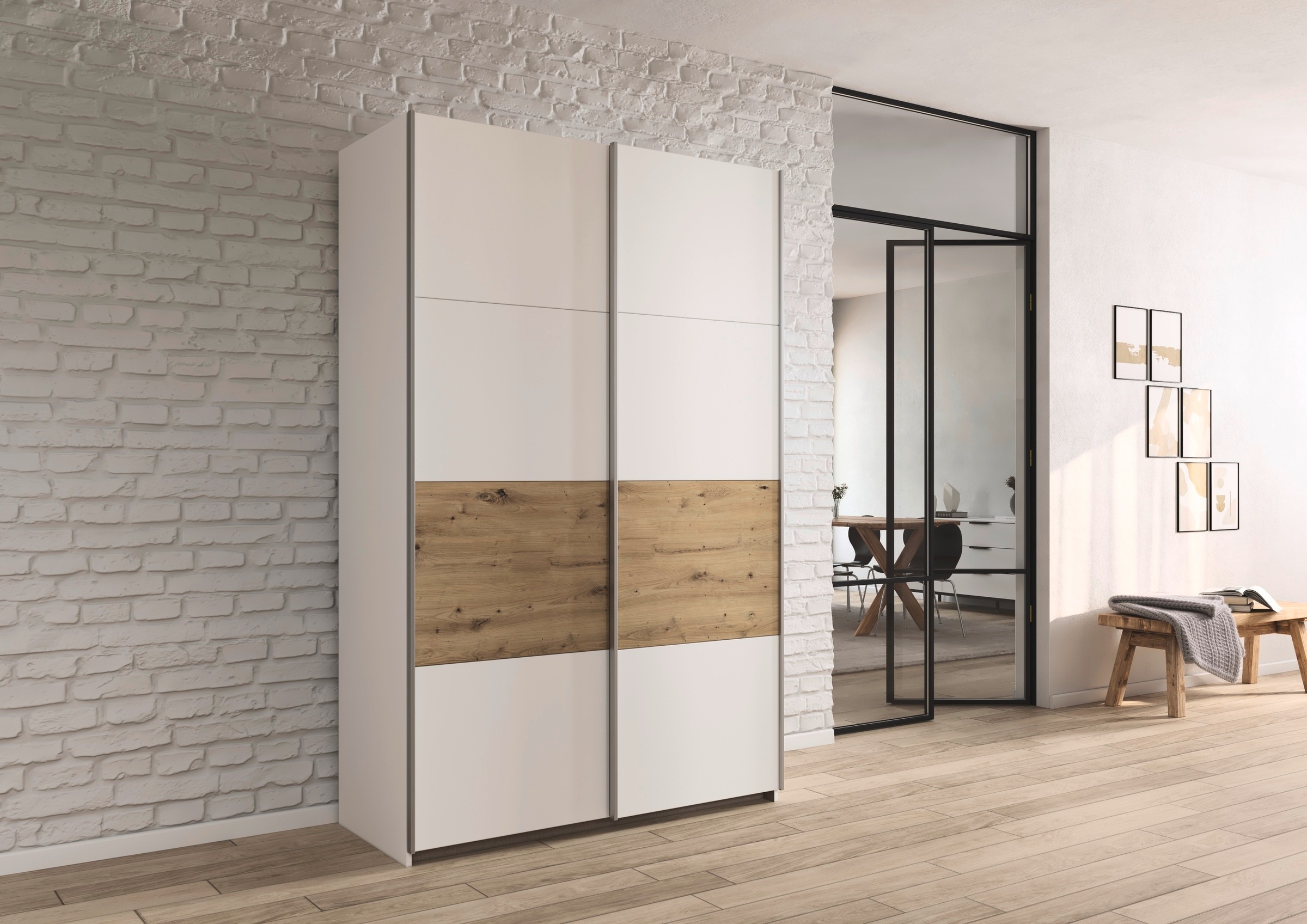 rauch Schwebetürenschrank »Kleiderschrank Schrank Garderobe Schlafzimmerschrank OXFORD«, (in 3 verschiedenen Ausstattungen BASIC/CLASSIC/PREMIUM), mit Griffleisten aus Metall, auch für kleinere Räume MADE IN GERMANY