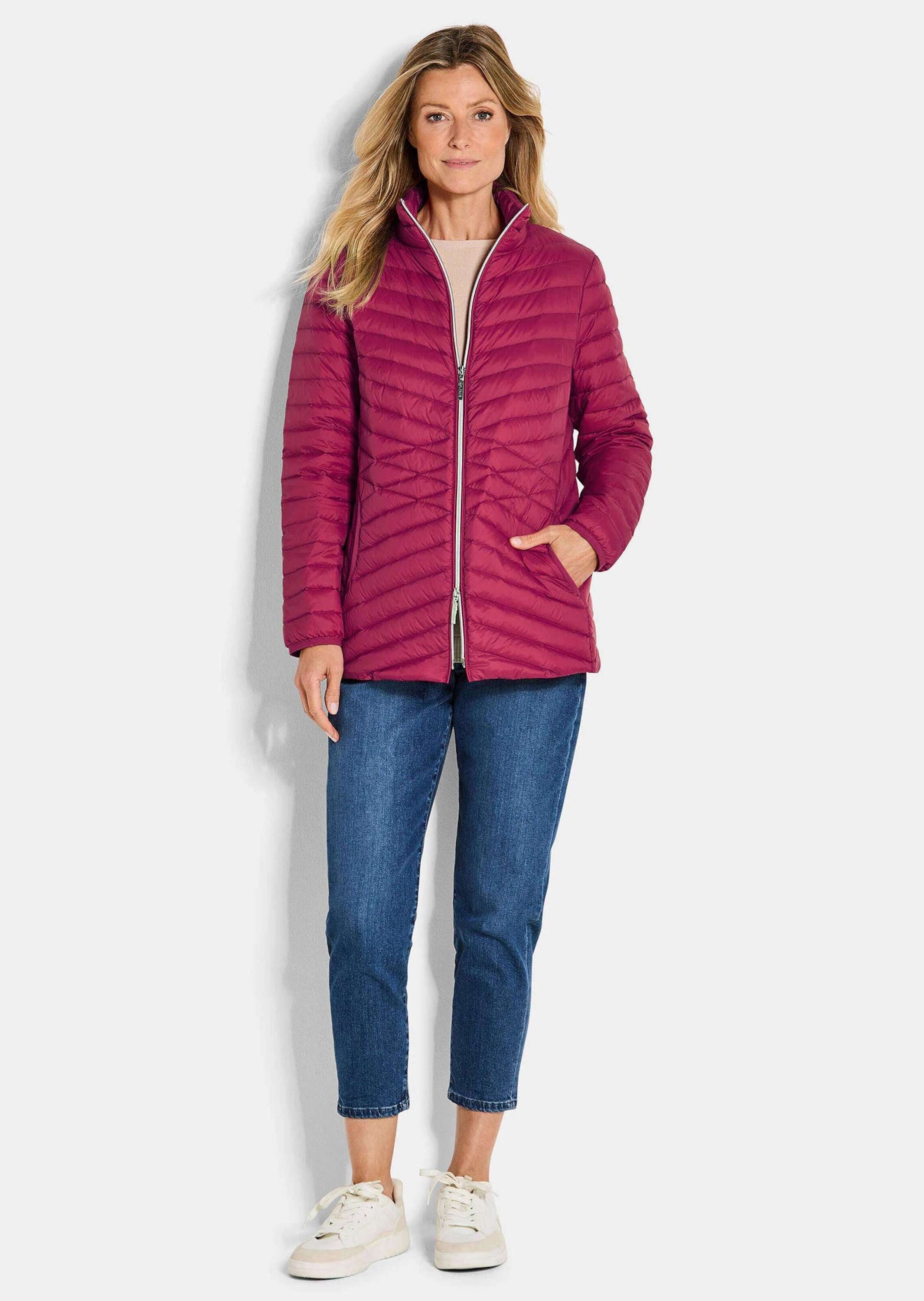 Steppjacke GOLDNER "Kurzgröße Herbstjacke mit Daunen, Stehkragen", Damen, Gr. 20, rot (bordeaux), Obermaterial: 100% Polyamid PA., Modisch, Jacken Steppjacke, 2-Wege RV 2