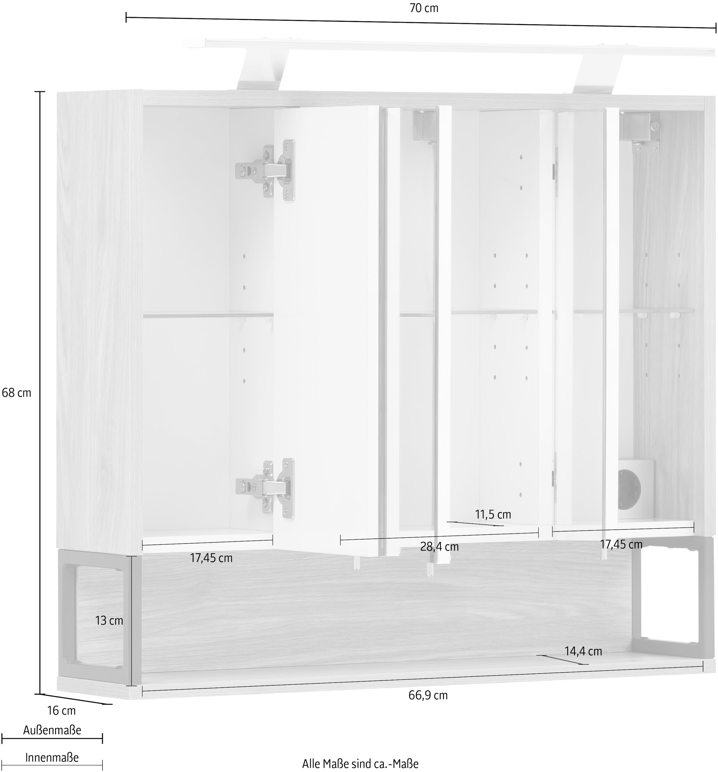 Breite Spiegelschrank 3-türig, cm, 70 | Schalter-/Steckdosenbox kaufen BAUR LED-Beleuchtung, »Limone«, Schildmeyer