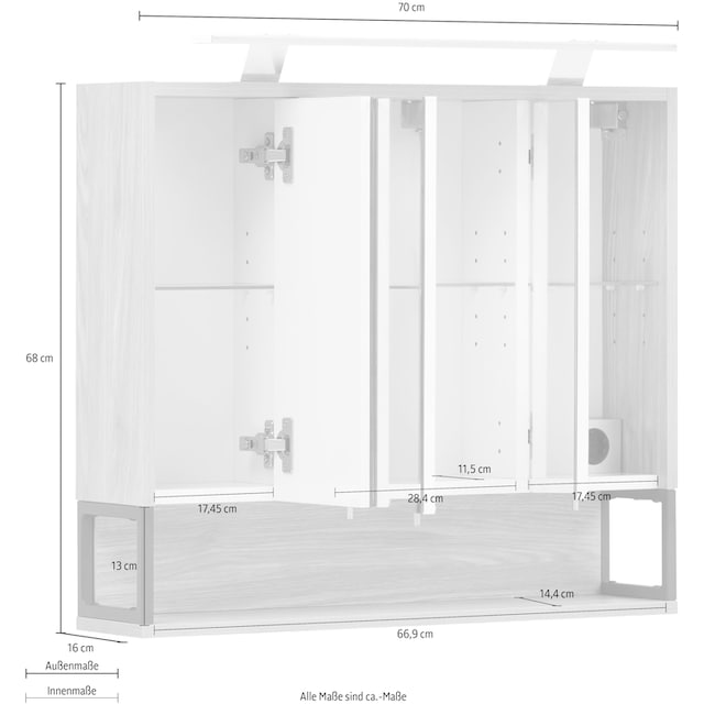 Schildmeyer Spiegelschrank »Limone«, Breite 70 cm, 3-türig,  LED-Beleuchtung, Schalter-/Steckdosenbox kaufen | BAUR