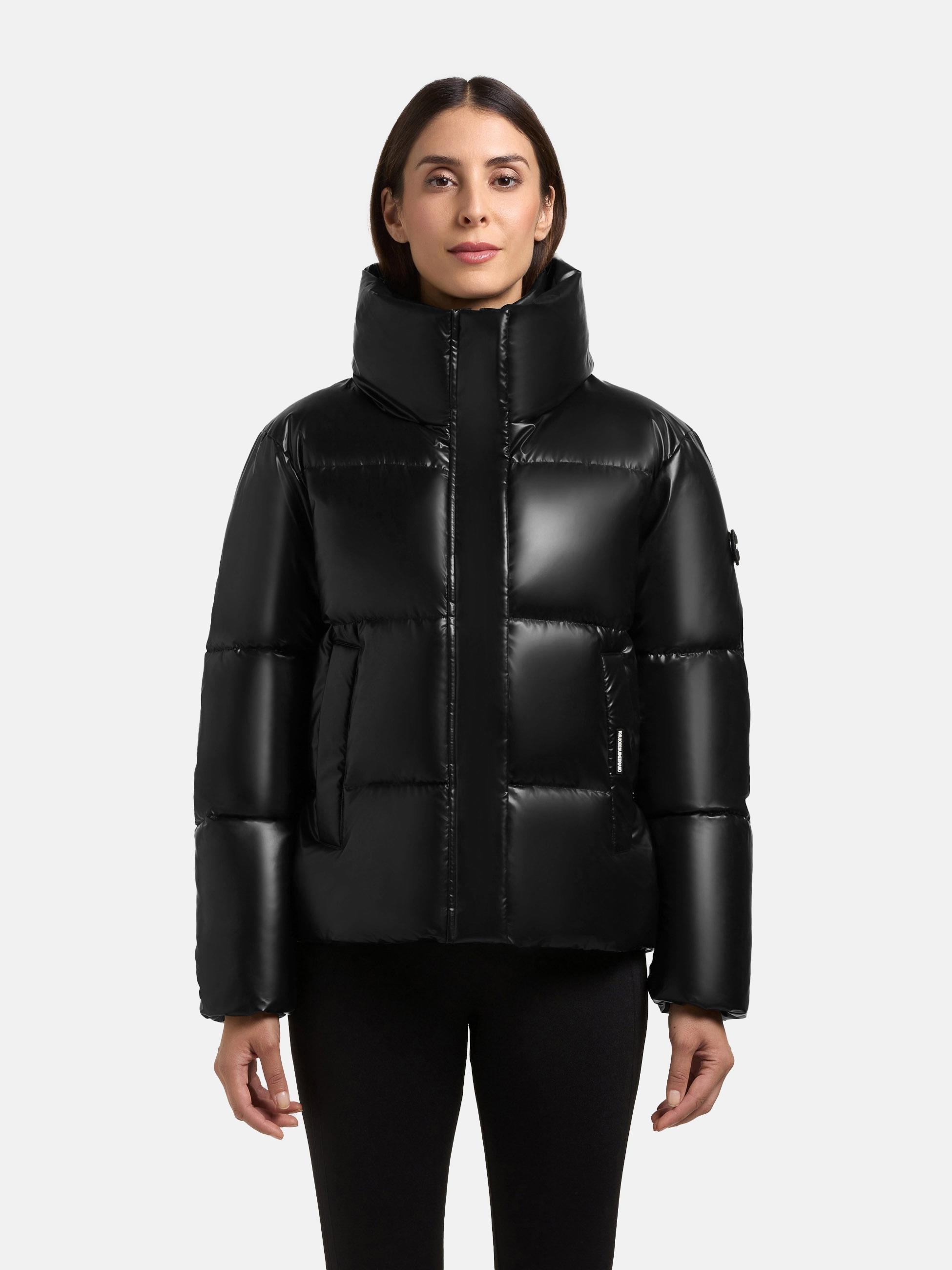 Winterjacke KHUJO "Rinja2 Shiny", Damen, Gr. L (40), schwarz, Obermaterial: 100% Polyester; Innenfutter: 100% Nylon; Wattierung: 100% Polyester; Beschichtung: 100% Polyurethan, gerade hüftlang, hoch geschlossener Ausschnitt, Ärmel ohne Ärmelschlitz normal