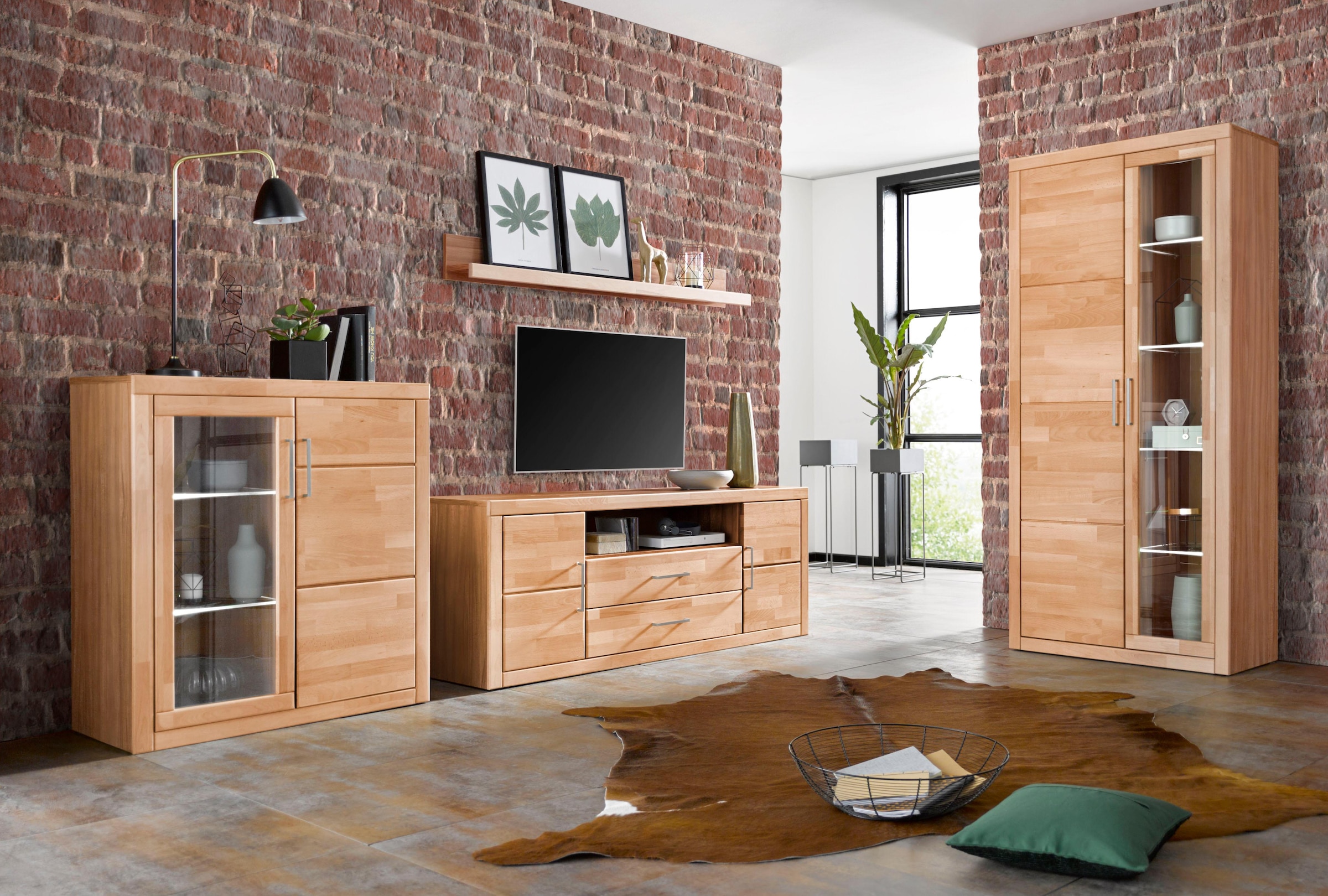 Home affaire Vitrine »Logo,190cm hoch,42 cm tief,Fronten Massivholz,10Fächer«, Korpus aus Holzwerkstoff,Griffe und Scharniere aus Metall