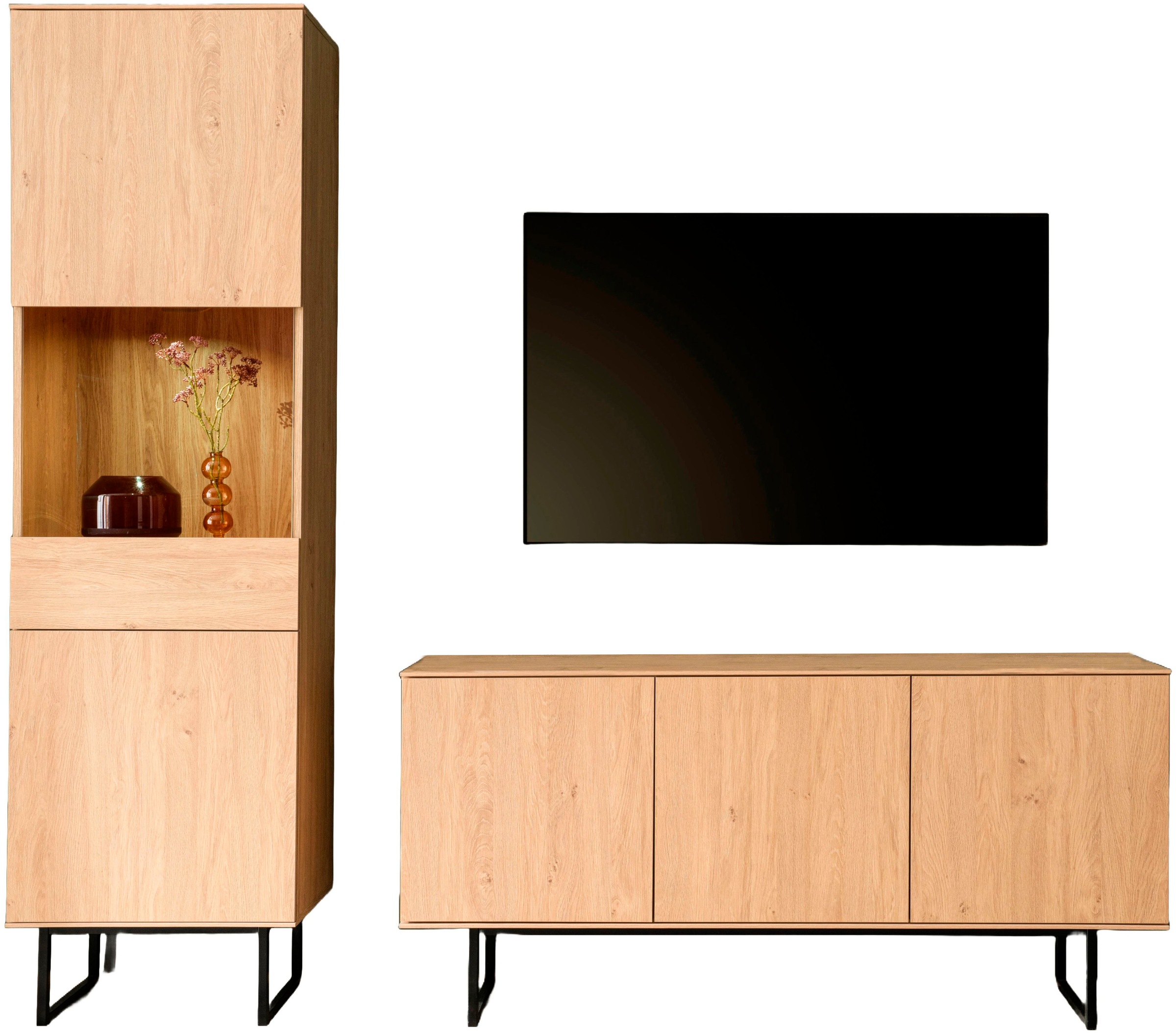 Home affaire Wohnwand "Lund, moderne Anbauwand, Wohnzimmer-Set in Stone Oak günstig online kaufen