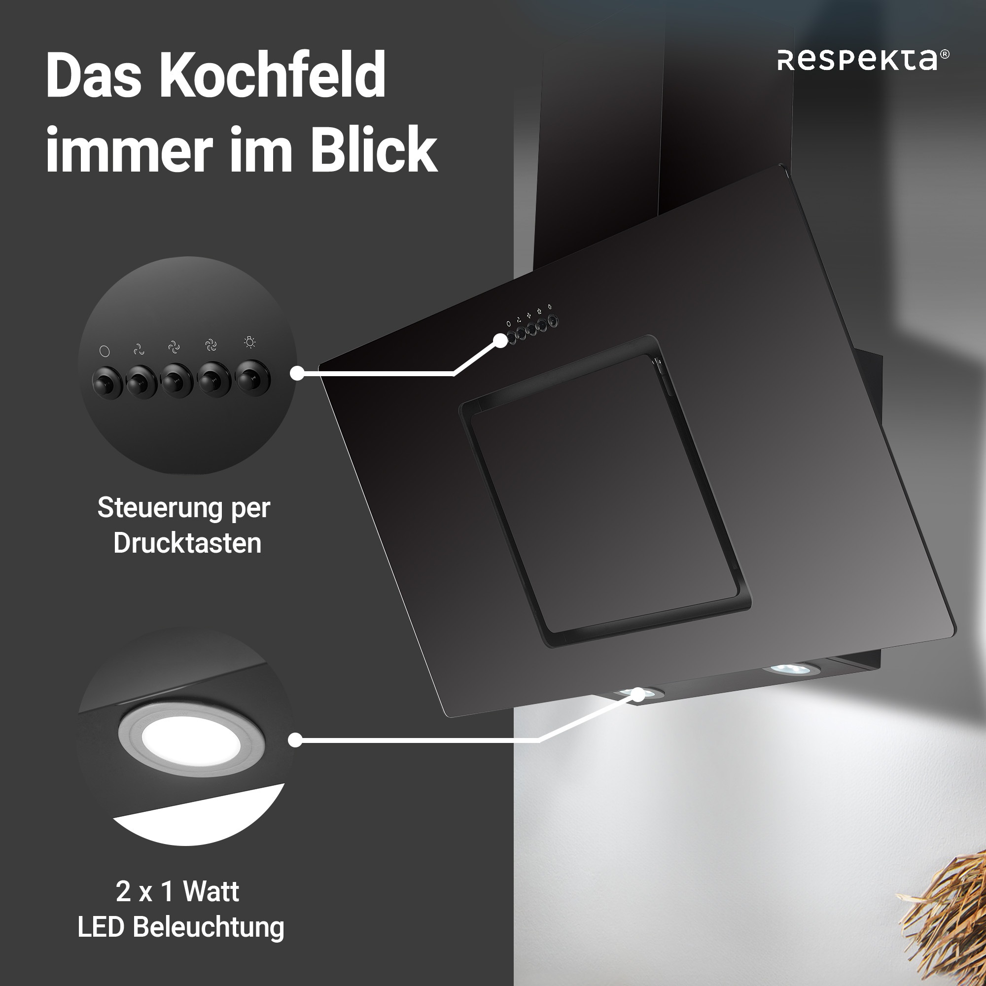 RESPEKTA Kopffreihaube »CH 22010«, 90 cm, 3 Leistungsstufenm, LED-Beleuchtung, Ab- und Umluftfähig
