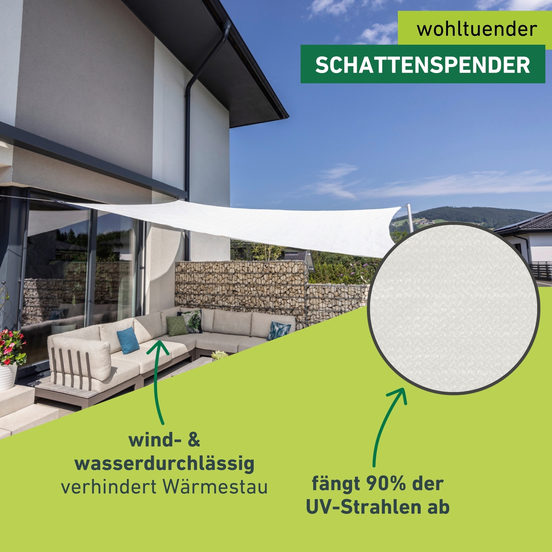 Windhager Sonnensegel »Sonnenschutz aus pflegeleichtem HDPE-Gewebe, Sonnensegel Quadrat« wind- und wasserdurchlässig, 5x5 m, inkl. 4x0,7 m, weiß