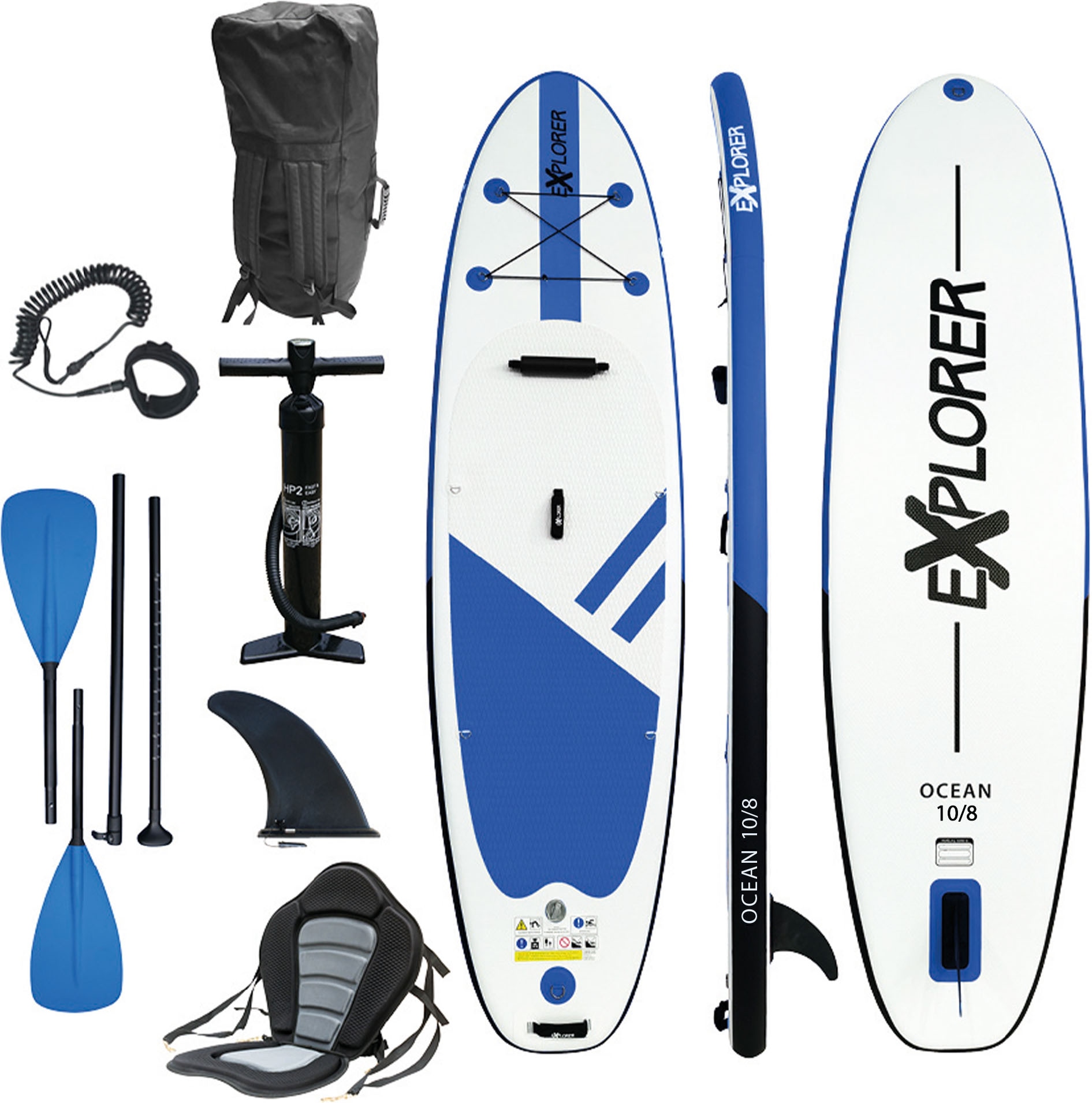 EXPLORER SUP-Board »Ocean 10‘8“ Aufblasbares Stand Up Paddle Set (325x84x15cm)«, (Set, 8 tlg., incl. Zubehör, Kajaksitz, Fußschlaufe)