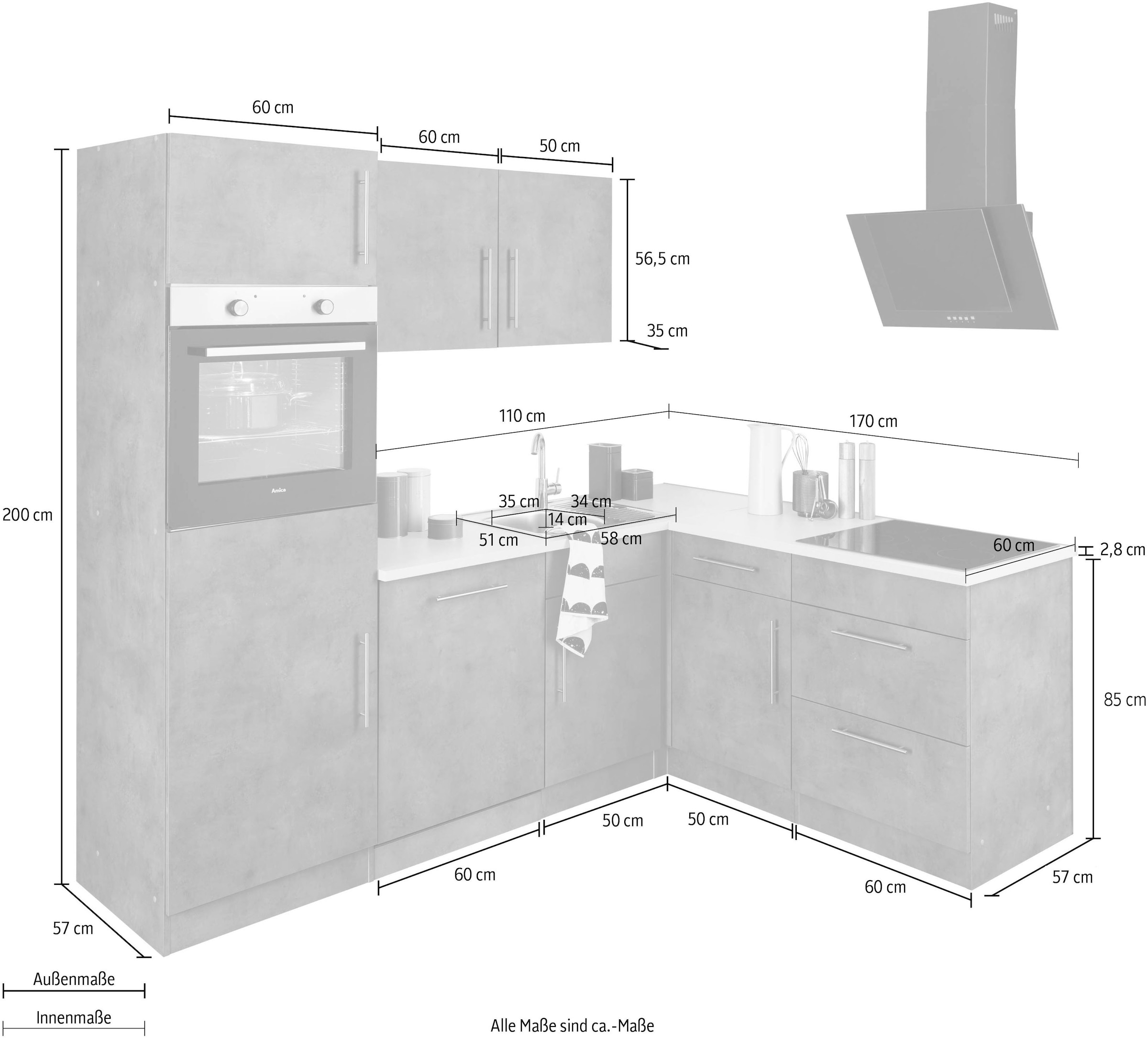 Wahlweise | Winkelküche Küchen Aufbauservice BAUR wiho mit »Cali«