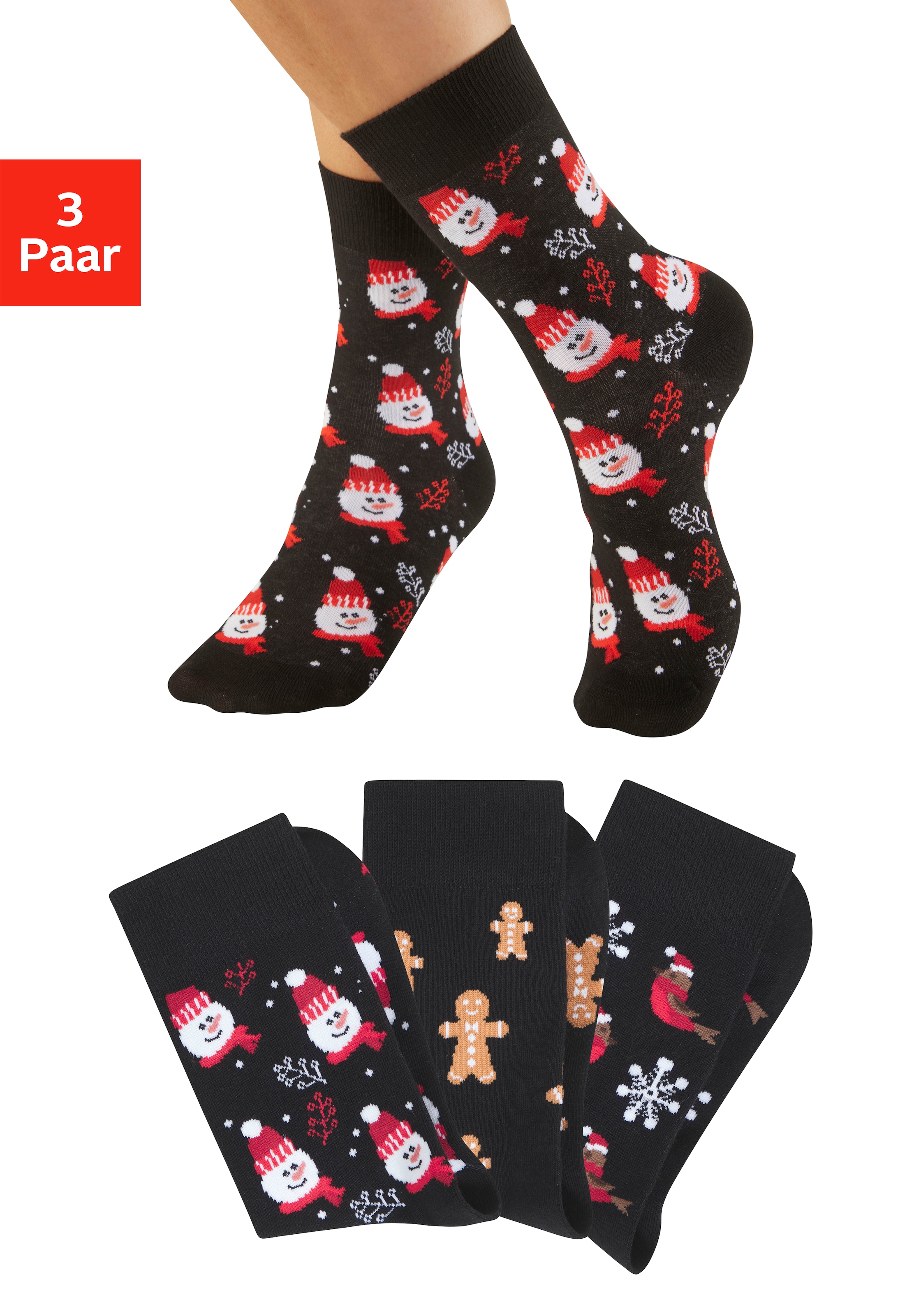 H.I.S Basicsocken "Damen Weihnachtssocken" Packung, 3 Paar tlg. mit lustigen Weihnachtsmotiven