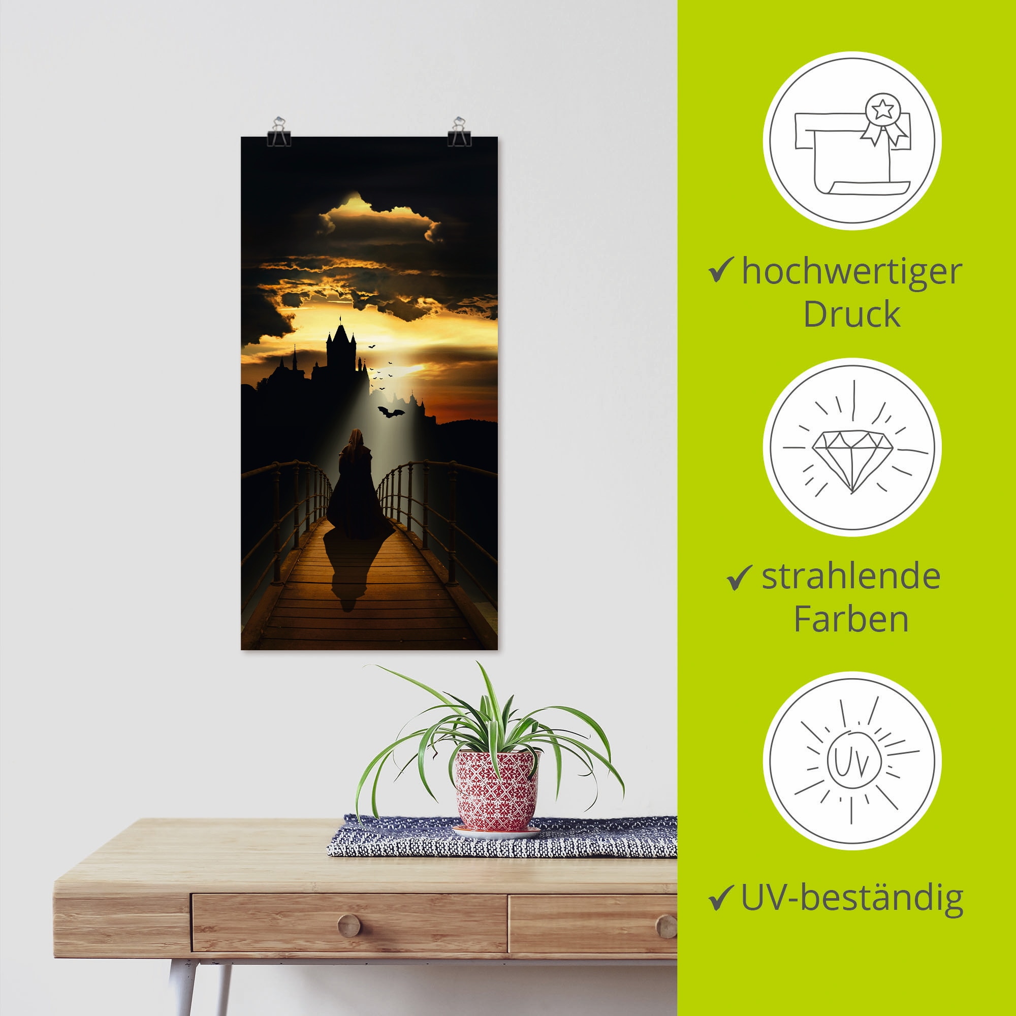 Artland Wandbild »Der Mönch auf dem Weg zur Burg«, Dark Fantasy, (1 St.), als Leinwandbild, Poster in verschied. Größen
