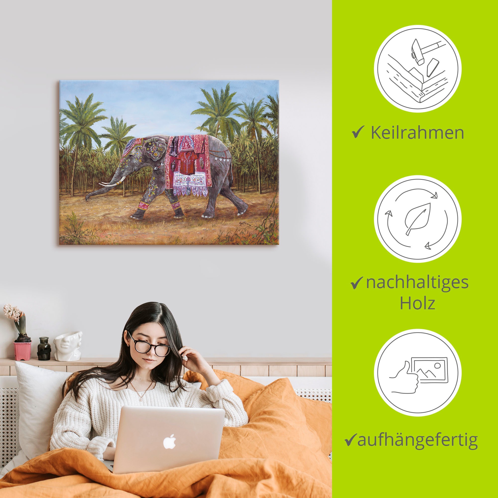 Artland Wandbild »Indischer Elefant«, Wildtiere, (1 St.), als Leinwandbild, Wandaufkleber in verschied. Größen
