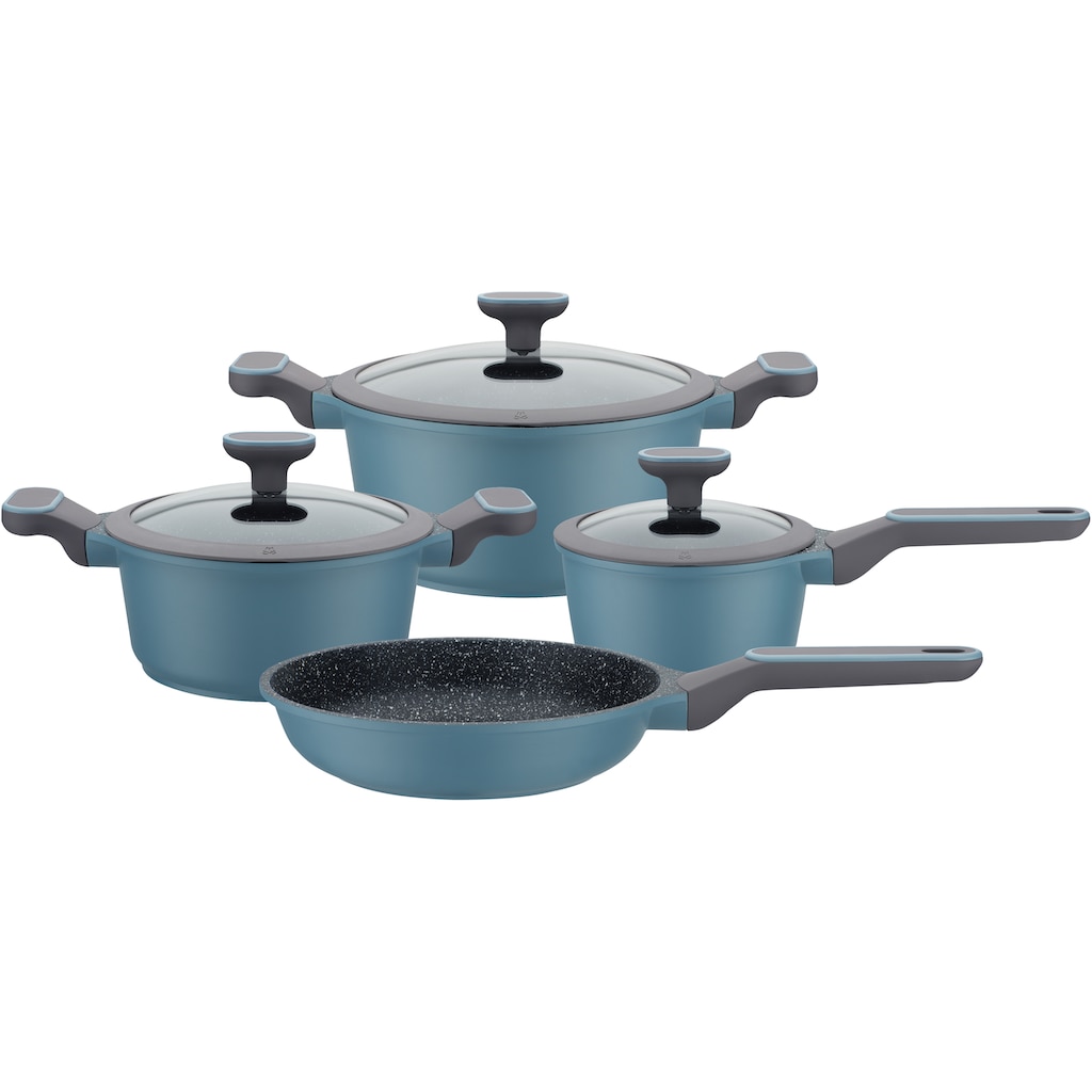 GSW Topf-Set »Blue Granit«, Aluminiumguss, (Set, 7 tlg., Kochtopf 20/24 cm, 1 Stielkasserolle 16 cm, 1 Bratpfanne 24 cm)