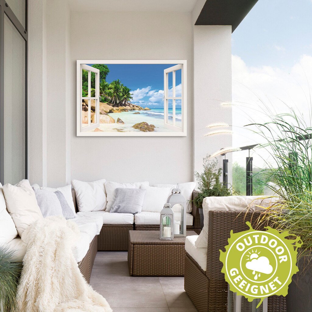 Artland Wandbild »Küste mit Palmen durchs Fenster«, Karibikbilder, (1 St.)