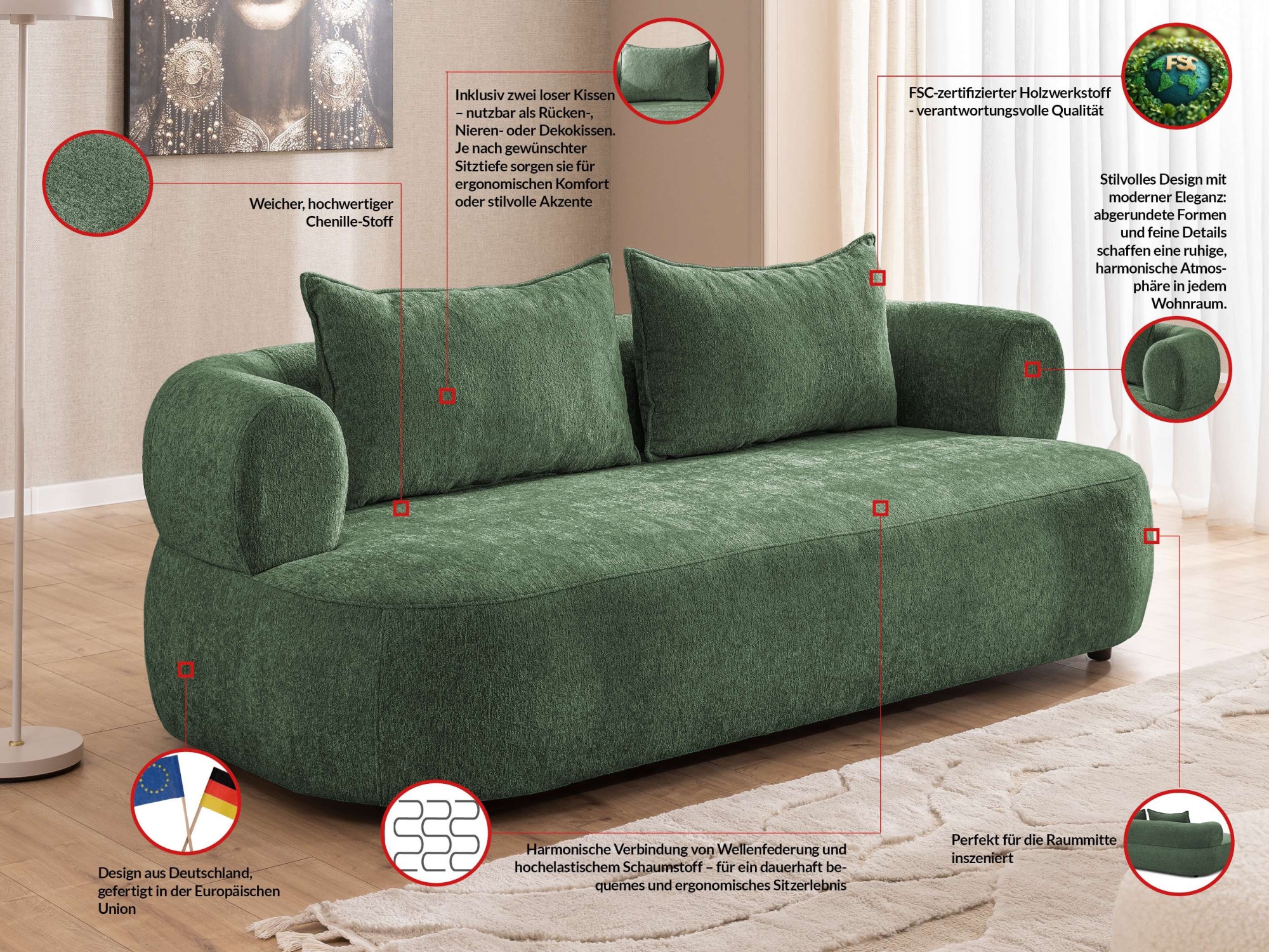 Home affaire 3-Sitzer »LUSSAC 3-Sitzer Design-Sofa mit Zierkissen, Maße B/T/H: 202/123/78 cm« hoher Sitzkomfort und modernes Design, Sofa ohne Bettfunktion