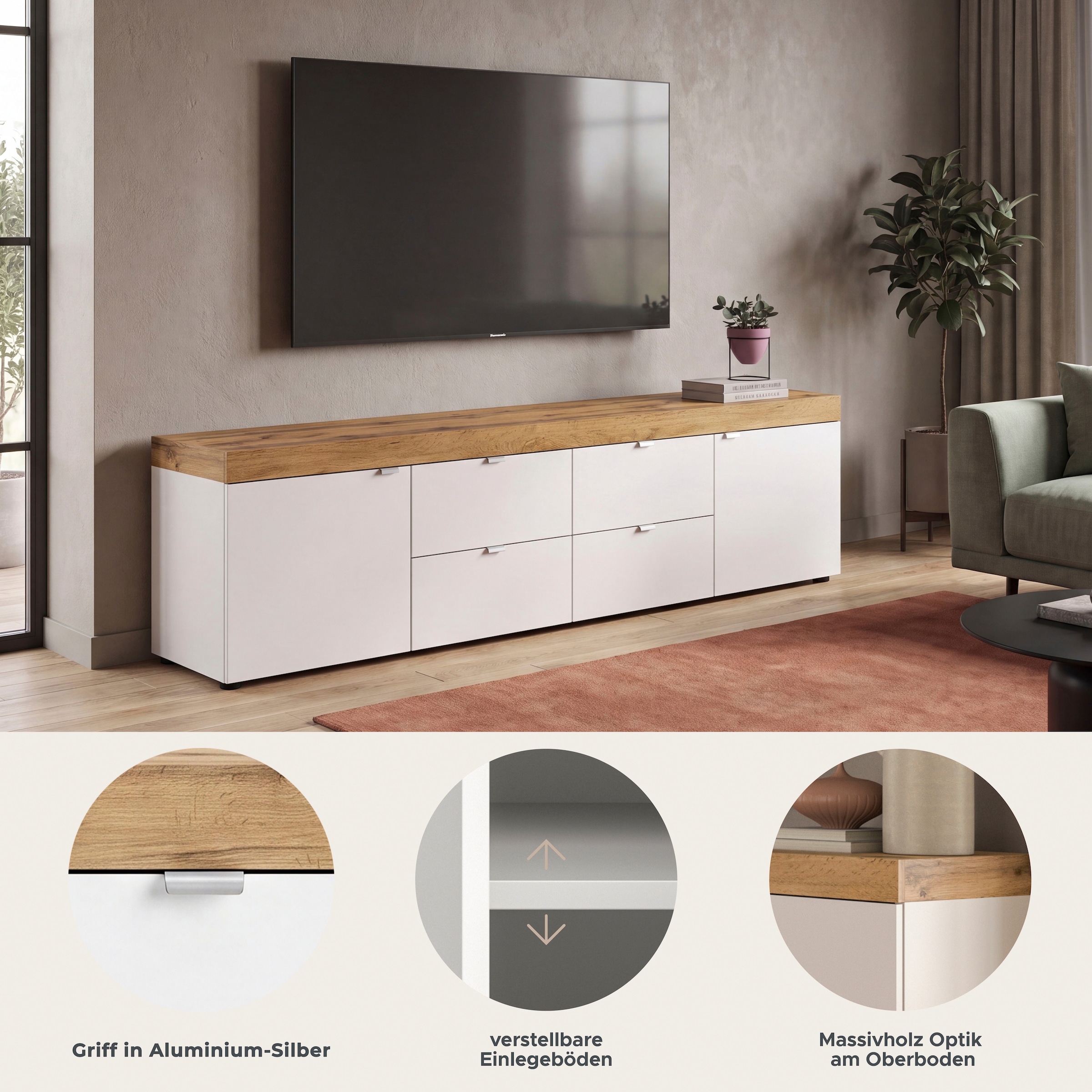 OTTO home Lowboard »MAMBO II, Breite 200 cm, 2 Türen, 4 Schubkästen, 4 Fächer« 1 Stk. tlg. Lowboard, TV Unterschrank, TV-Schrank, Wohnzimmer