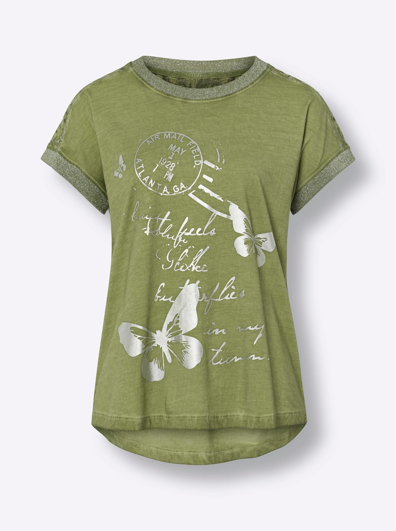 Rundhalsshirt HEINE "Shirt", Damen, Gr. 38, grün (schilf), 50% Baumwolle, 50% Viskose, Spitze:77% Baumwolle, 23% Polyamid, gemustert, Rundhals, Shirts Rundhalsshirt 3
