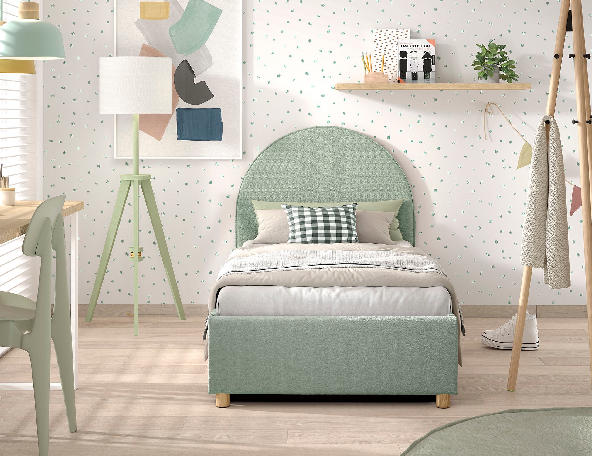 Vipack Boxbett »Moon, mit Lattenrost und Stauraum, modernes Design«, (gerundetes Kopfteil und in 2 Breiten erhältlich), inkl. Massivholz Füßen in natur, 3 Stoff Farben zur Auswahl