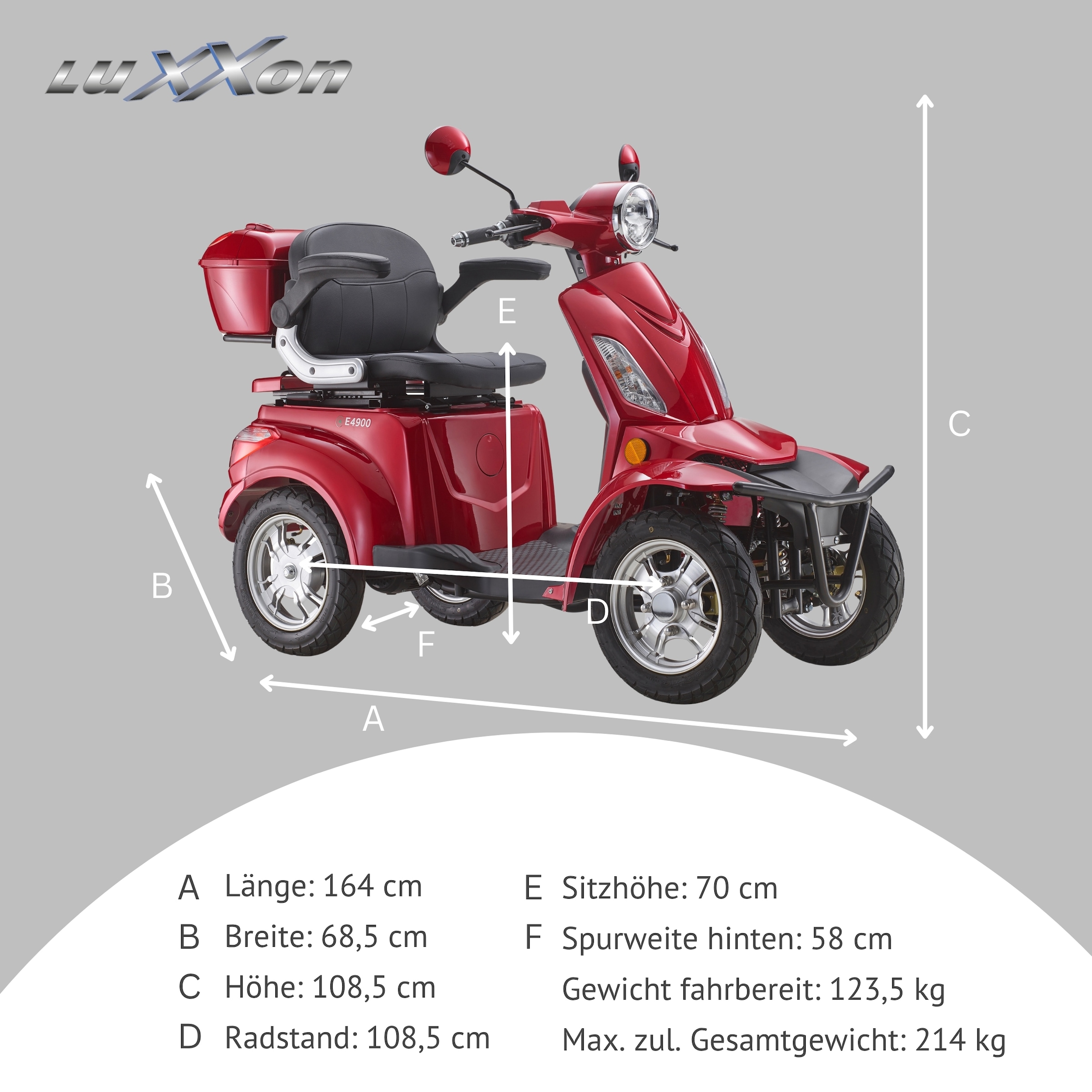 Luxxon Elektromobil »LuXXon Seniorenmobil E4900« 20 km/h Elektromobil mit Topcase, ohne Helmpflicht,  1.000 W, Seniorenmobil mit 4 Räder, Elektroroller für Senioren