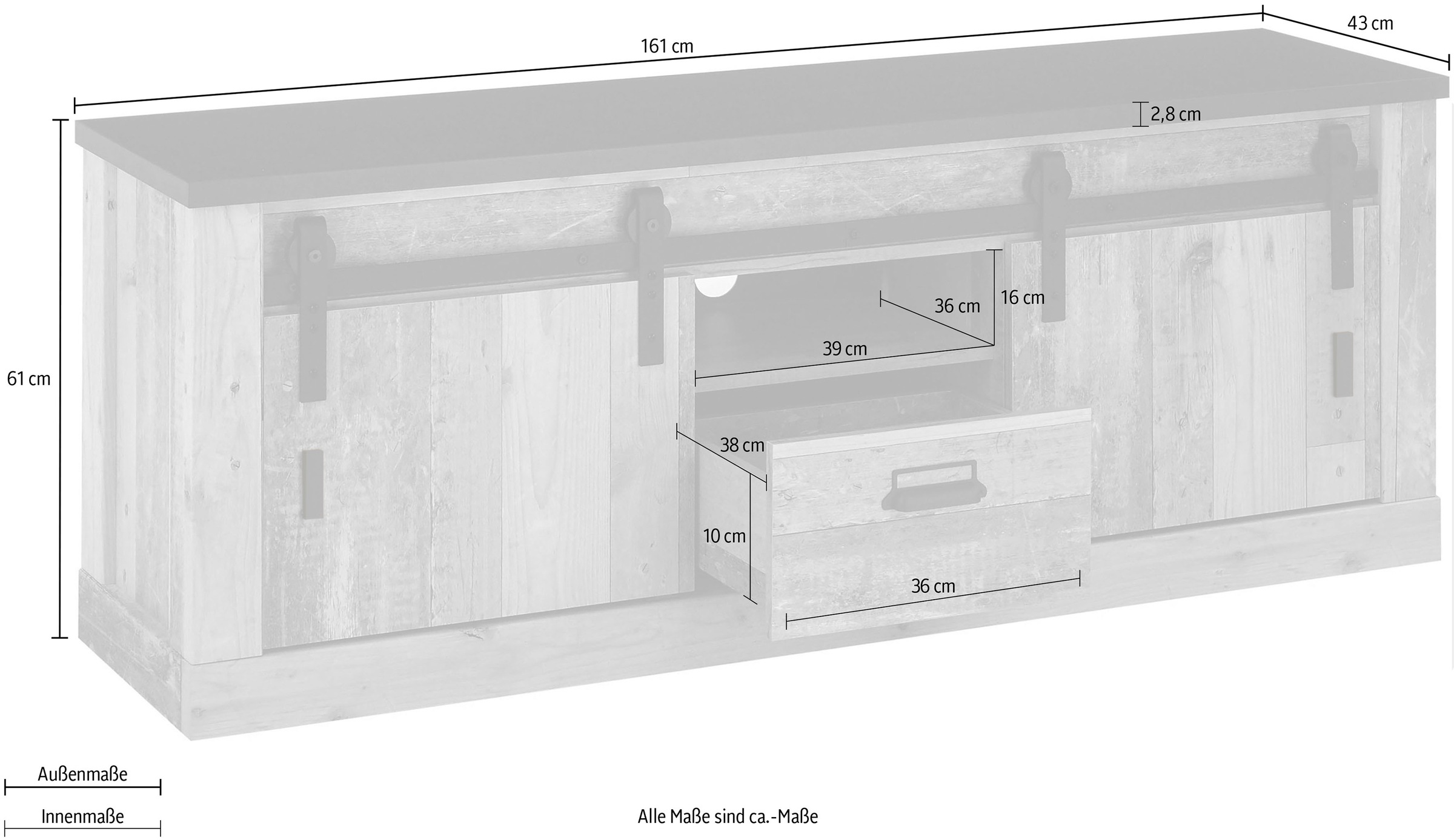 Home affaire Lowboard »SHERWOOD«, Holz Dekor, mit Scheunentorbeschlag und Apothekergriff, Breite 162 cm