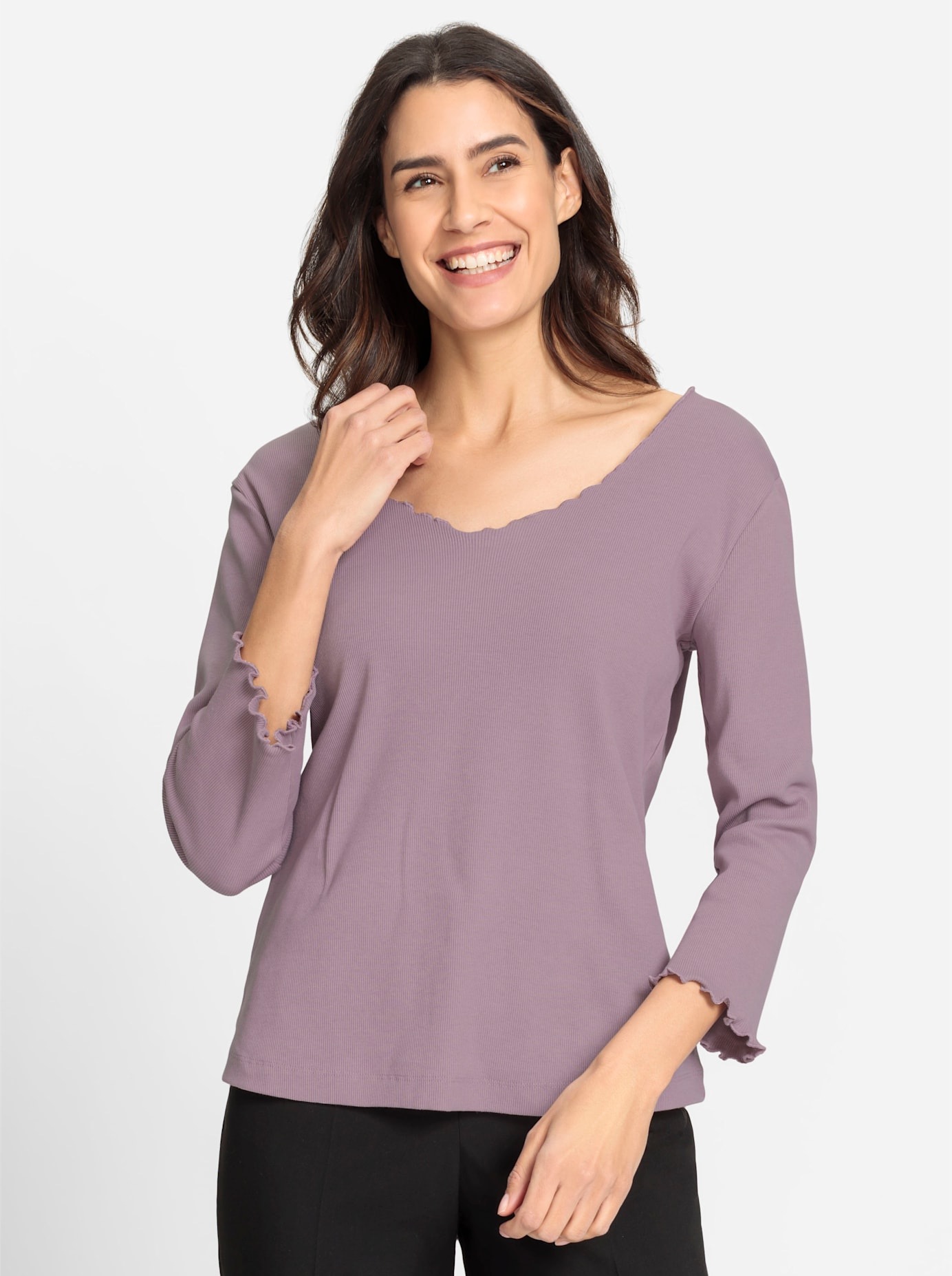 V-Shirt INSPIRATIONEN "V-Shirt", Damen, Gr. 38, lila (mauve), 95% Baumwolle, 5% Elasthan, unifarben, V-Ausschnitt, Shirts